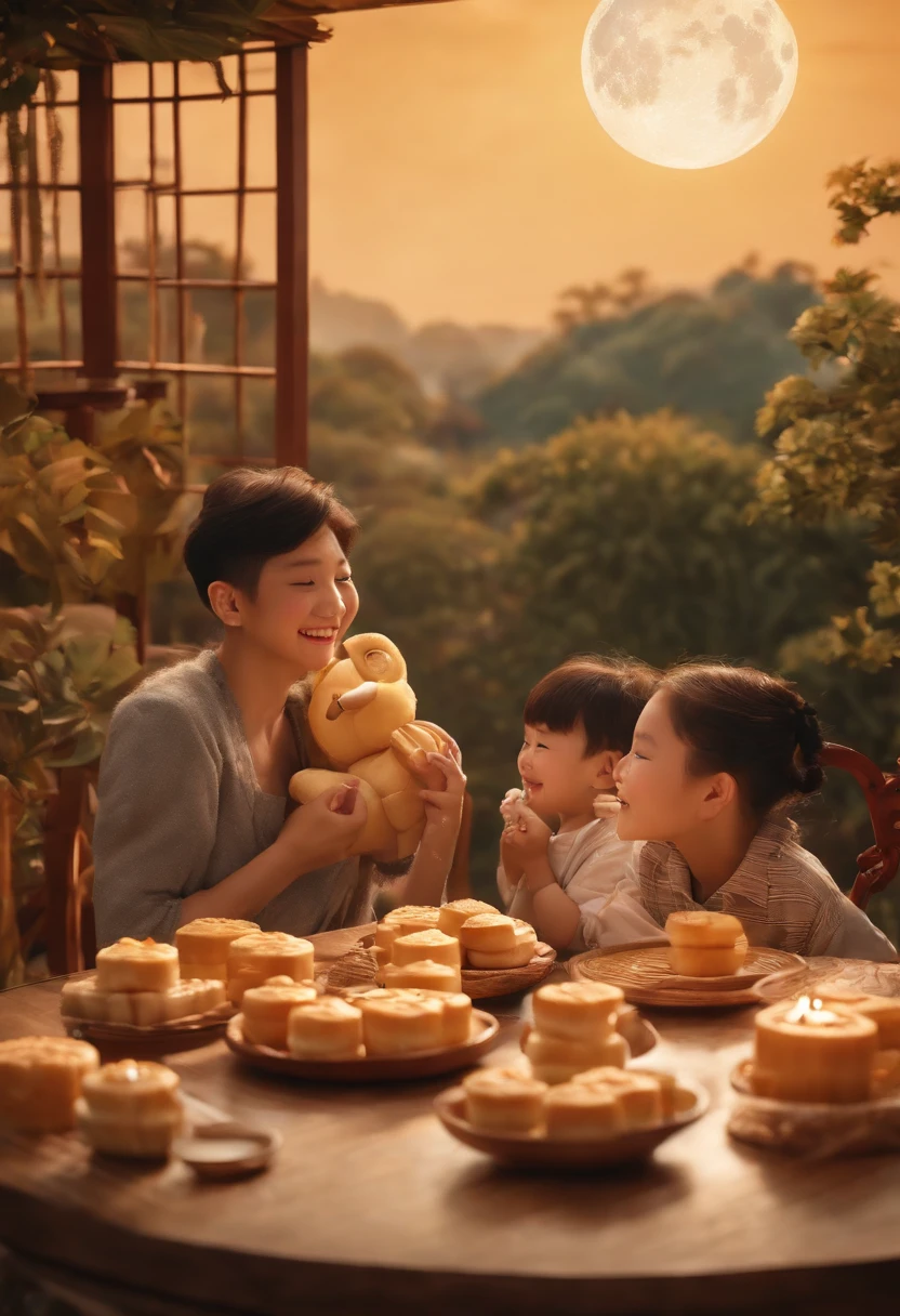 (top-quality、8K、tmasterpiece:1.3)、Full moon and stars in sky illustration,The family sits together eating mooncakes,Mom and dad laugh with the kids,Have in the living room、Bright house scene,extremely detailed face and skin,Heartwarming scene,perfect detail