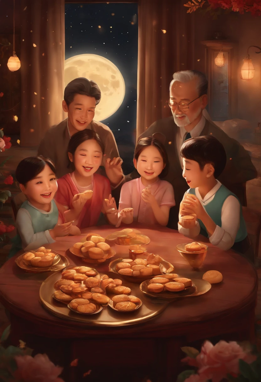 (top-quality、8K、tmasterpiece:1.3)、Full moon and stars in sky illustration,The family sits together eating mooncakes,Mom and dad laugh with the kids,Have in the living room、Bright house scene,extremely detailed face and skin,Heartwarming scene,perfect detail