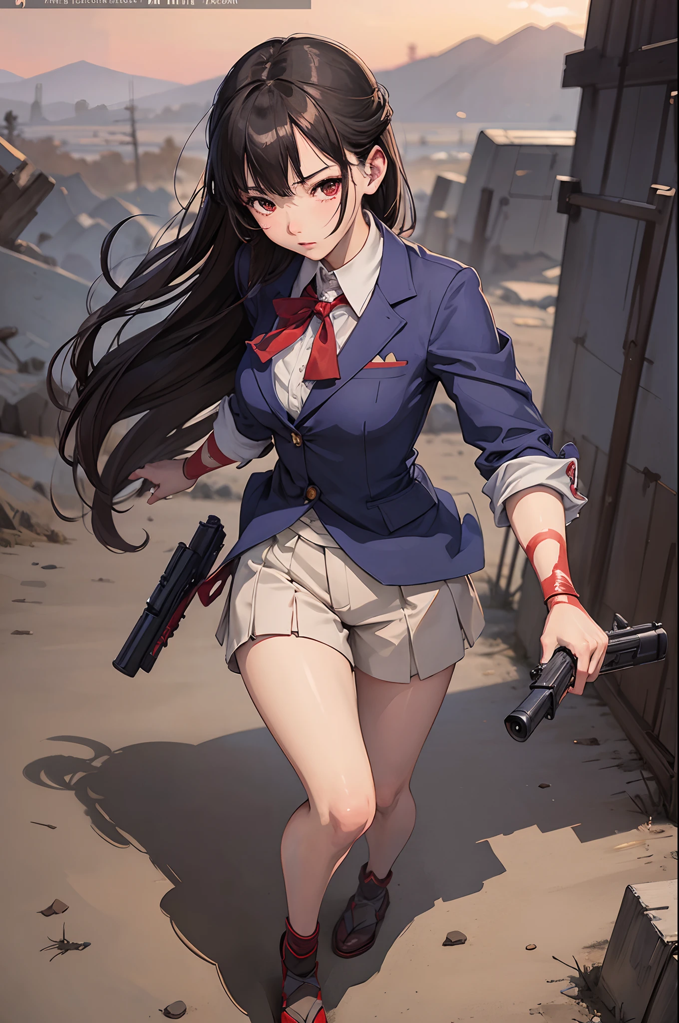 art by katsuya terada, art by range murata, art by akiman, art by JUNNY, Full body shot portrait of cute slender Young Japanese hit girl, Battle Scars, Realistic skin texture, Few moderate moles, wearing a suit, hold a gun, Red Circle nightclub in San Diego, Red and blue cinematic lighting, highly detailed, ray tracing, digital painting, concept art, smooth, sharp focus, illustration, 8k