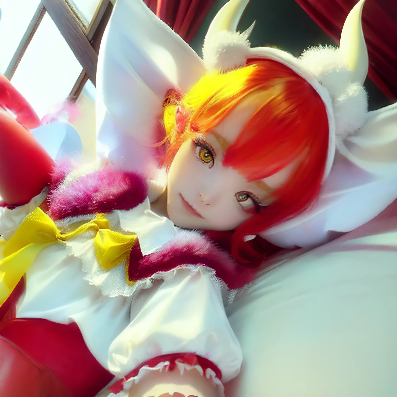 Masterpiece, Best quality, 1girll, Solo, Yellow eyes, Red hair, Small breast, Demon Girl, Demon tail, Demon wings, Small demon horns, Pointy ears, (Small breast), (Flat chest),  double tails, bat hair ornament, Cape, White shirt, white legwear, plushies, Stuffed animal toys, beret, mitts, bangs, Hat，
