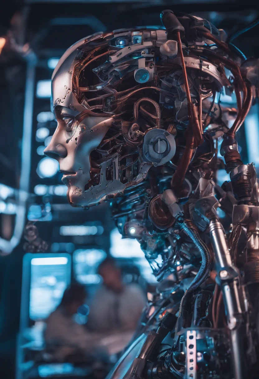 Cyborg Woman, (((Half Female Face, Half Robot Skull))), (((Flesh-colored skin))), Electronic Systems On-Head Humanoids, Detailed Brain in Sight, Detailed connection wire, mechanical limbs, tubes connected to the mechanical parts, mechanical vertebrae attached to the spine, mechanical cervical attachment to the neck, wires and cables connecting to the head, (((Led on a surgical Bed))), (((Cables Connecting to Monitors))), (((machine installing parts to the head))) | Biopunk | Cybernetics | Cyberpunk | | Canon M50| 100mm| Sharp Focus | Hyperrealism | Very detailed| Intricate Details | Full Body View, small glowing LED lamps, Bright Red Neon Highlights, global lighting, deep shadows, Octane Rendering, 8K, Ultra Sharp, Metal, Intricate Ornament Details, baroque details, Very intricate details, realistic light, CGSoation trend, facing the camera, neon details, (android manufactory in background)