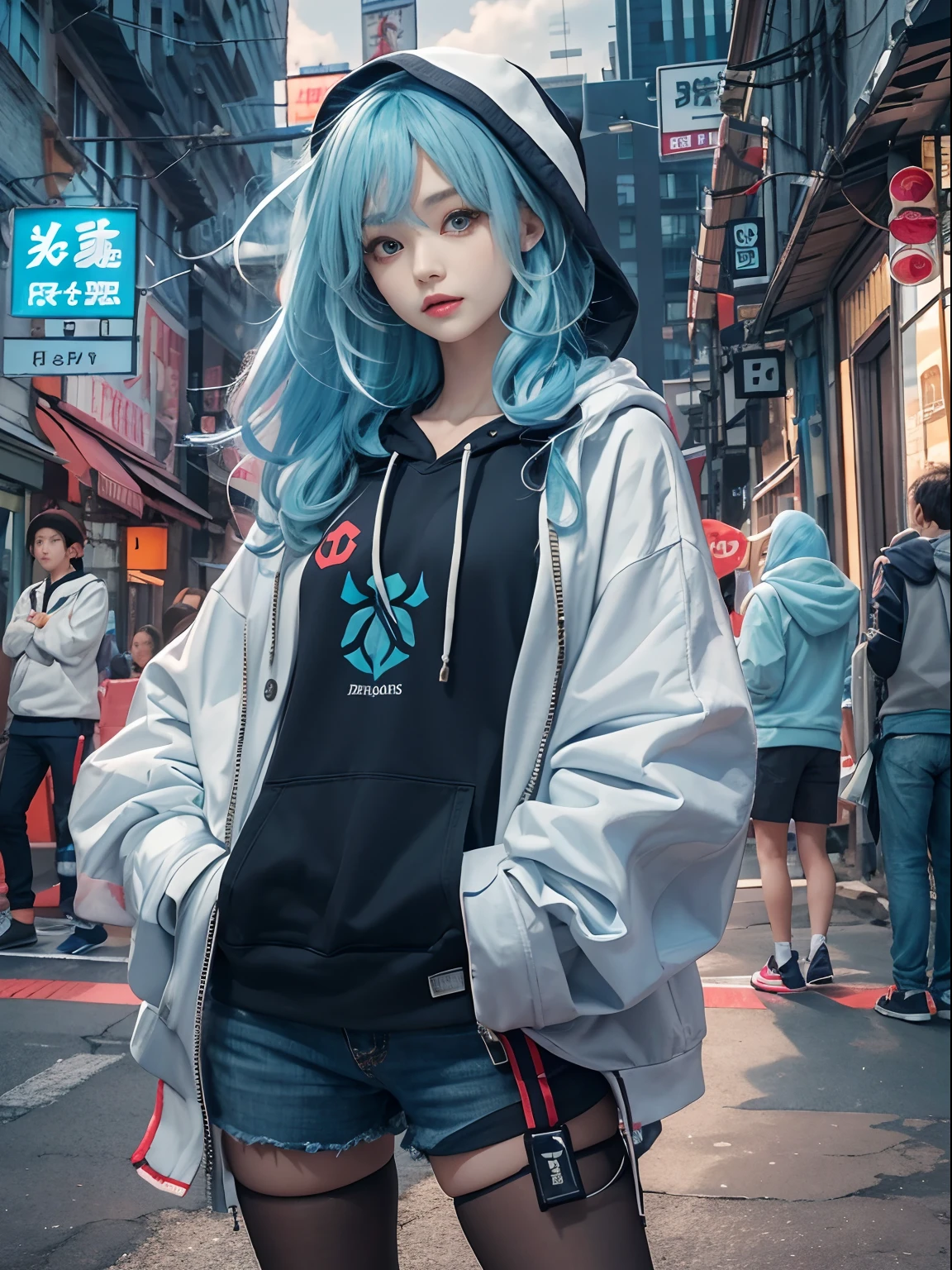 tmasterpiece,1girll,独奏,long whitr hair,blue hairs,hoody,cropped shoulders:1.2,Mob caps,the street,hand on hips,hand on pockets,blackstockings