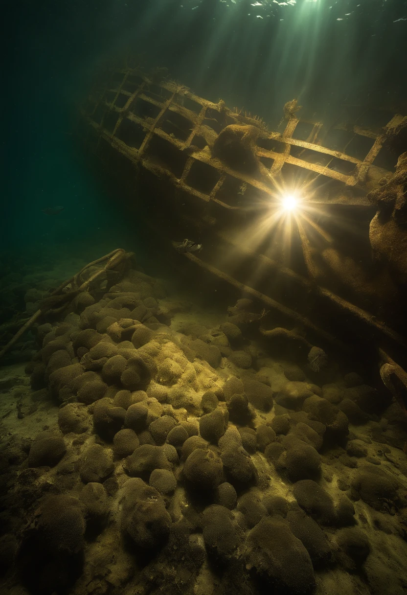 (stunning masterpiece: 1.3), ((12K HD)), ((under water)), A marine scientist diver studies photographs of the wreckage of a World War II military destroyer., The keel sinks to the bottom of the sea, The ship was split in half, Deep-sea creatures that inhabit the area, Adding to the ominous atmosphere, Hiding in the dark., Twisted metal remains inside and outside.. The colors of this place are soft and gloomy, Rusty metal and rotten wood create a feeling of decay and neglect. Although the water is calm, ((sun beam)), ((Bright Diamond Splash)), Bubble swirl, Sharp focus, intricated details, High Detail, digital art, Bright and beautiful splash, sparkling, Amazing digital art, It's interspersed with vivid colors and surreal fantasy lighting, super detaill, digital photography, 8K, Sharp focus, ,no_mankind