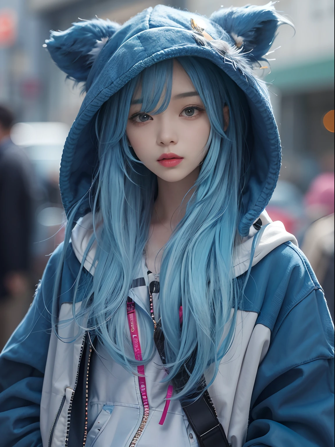 tmasterpiece,1girll,独奏,long whitr hair,blue hairs,hoody,cropped shoulders:1.2,Mob caps,the street,hand on hips,hand on pockets,blackstockings