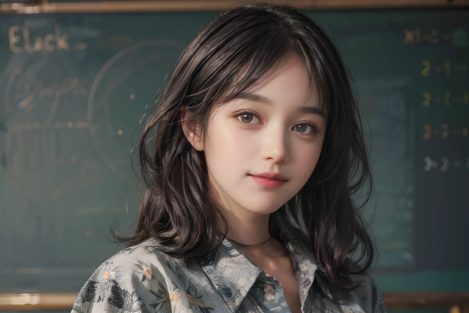 (((Black Shorthair:1.2))),  (a 20 yo woman), (T-shirt design), (Floral clothing), (Breast bulge),((Being in the physics classroom)),  (A hyper-realistic), (Relaxed), (Increased resolution), (8KUHD), (Extremely detailed), (Best Illustration), (Beautiful and detailed eyes), (Best Quality), (ultra-detailliert), (masutepiece ), ( Wallpaper), (Detailed face), Fine details,  Deep Shadows, lowkey,  Smiling,  (There is a picture of Einstein), (There are plenty of physicist photos), (Solving the formula on the blackboard), Standing in front of the blackboard