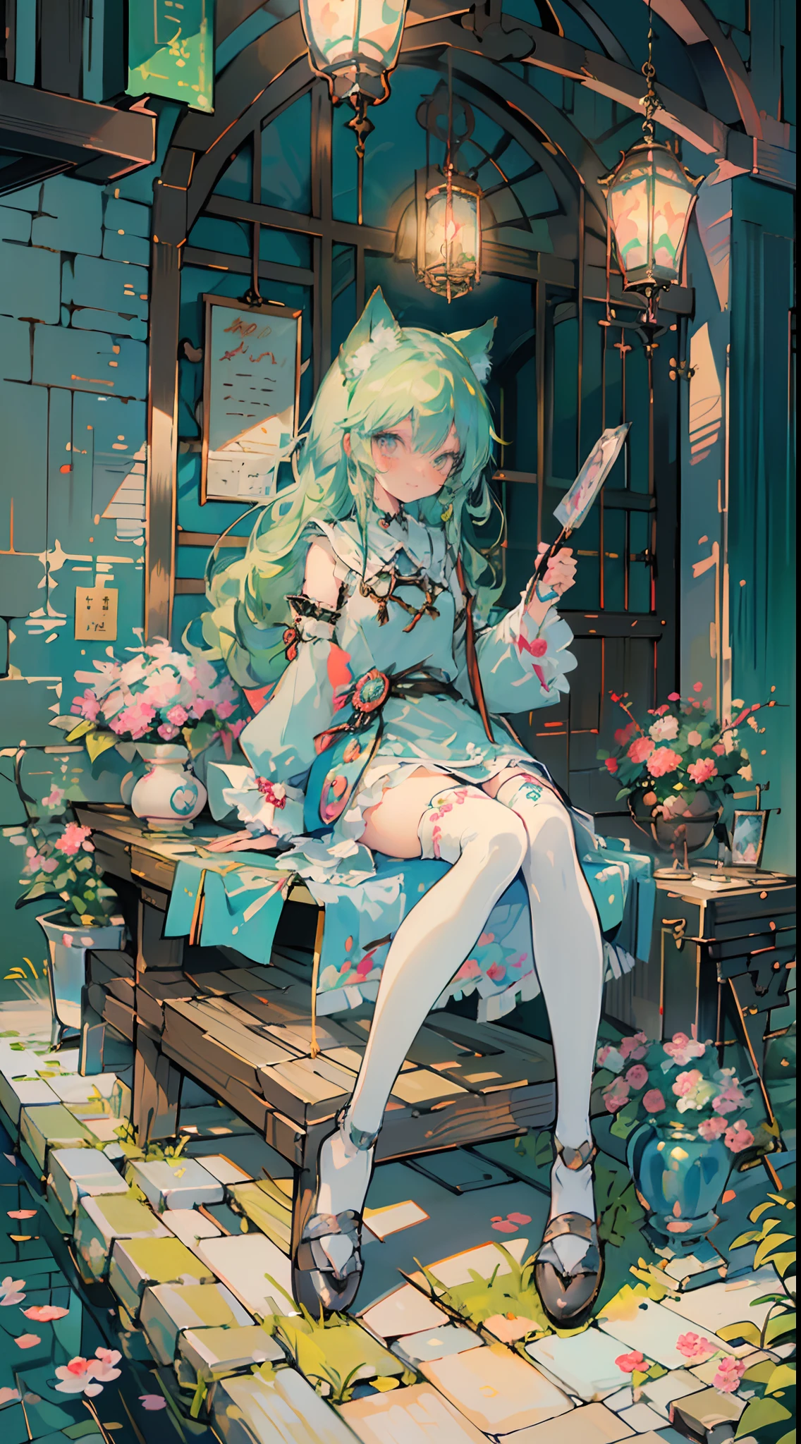 ((masutepiece, Best Quality: 1.1), ((Anime girl in blue dress with magic wand)), Art Nouveau、anime cat girl in a maid costume, Lori, ((Green hairs))、The long-haired、((Shining jewel-like eyes Long eyelashes Transparency))、Very Beautiful Anime Cat Girl, anime catgirl, ((white knee highs)), attractive cat girl, inspired by Leiko Ikemura, aya takano color style, in ryuuou no oshigoto art style, Cat Girl, touhou character, Rei Hiroe、With a smile