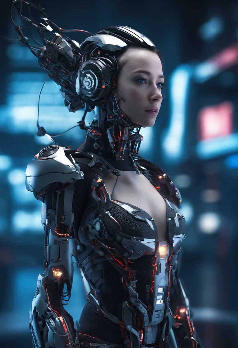 Centered portrait of an ultra detailed Mechanical Cyberpunk Female Android, looking into the camera, intricate, elegant, super highly detailed, smooth, sharp focus, no blur, no dof, extreme illustration, Unreal, full body (details), full body very detailed, (((Cables Connecting to Monitors))), (((machine installing parts to the head))) | Biopunk | Cybernetics | Cyberpunk | | Canon M50| 100mm| Sharp Focus | Hyperrealism | Very detailed| Intricate Details | Full Body View, small glowing LED lamps, Bright Red Neon Highlights, global lighting, deep shadows, Octane Rendering, 8K, Ultra Sharp, Metal, Intricate Ornament Details, baroque details, Very intricate details, realistic light, CGSoation trend, facing the camera, neon details, (android manufactory in background)