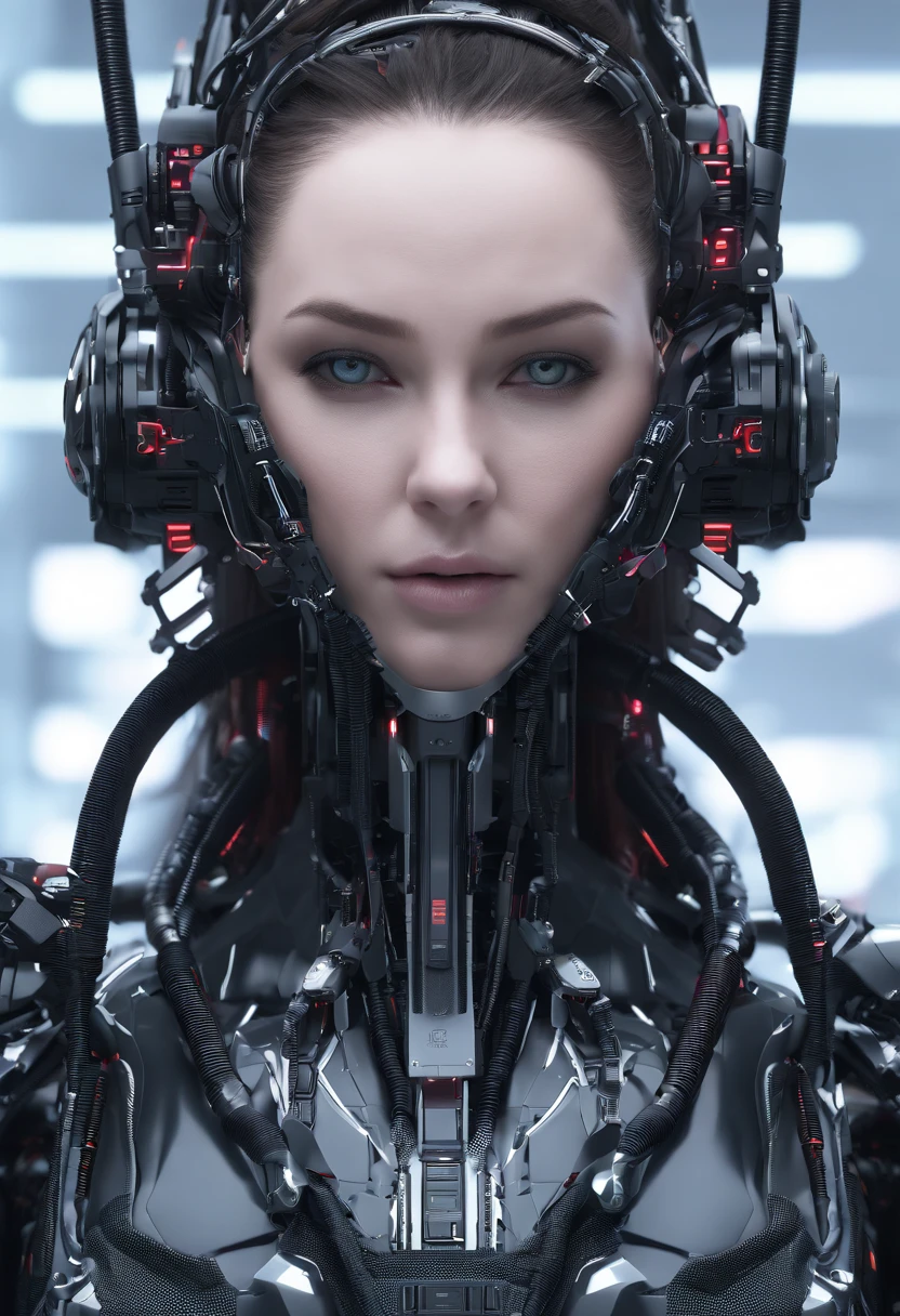 Centered portrait of an ultra detailed Mechanical Cyberpunk Female Android, looking into the camera, intricate, elegant, super highly detailed, smooth, sharp focus, no blur, no dof, extreme illustration, Unreal, full body (details), full body very detailed, (((Cables Connecting to Monitors))), (((machine installing parts to the head))) | Biopunk | Cybernetics | Cyberpunk | | Canon M50| 100mm| Sharp Focus | Hyperrealism | Very detailed| Intricate Details | Full Body View, small glowing LED lamps, Bright Red Neon Highlights, global lighting, deep shadows, Octane Rendering, 8K, Ultra Sharp, Metal, Intricate Ornament Details, baroque details, Very intricate details, realistic light, CGSoation trend, facing the camera, neon details, (android manufactory in background)