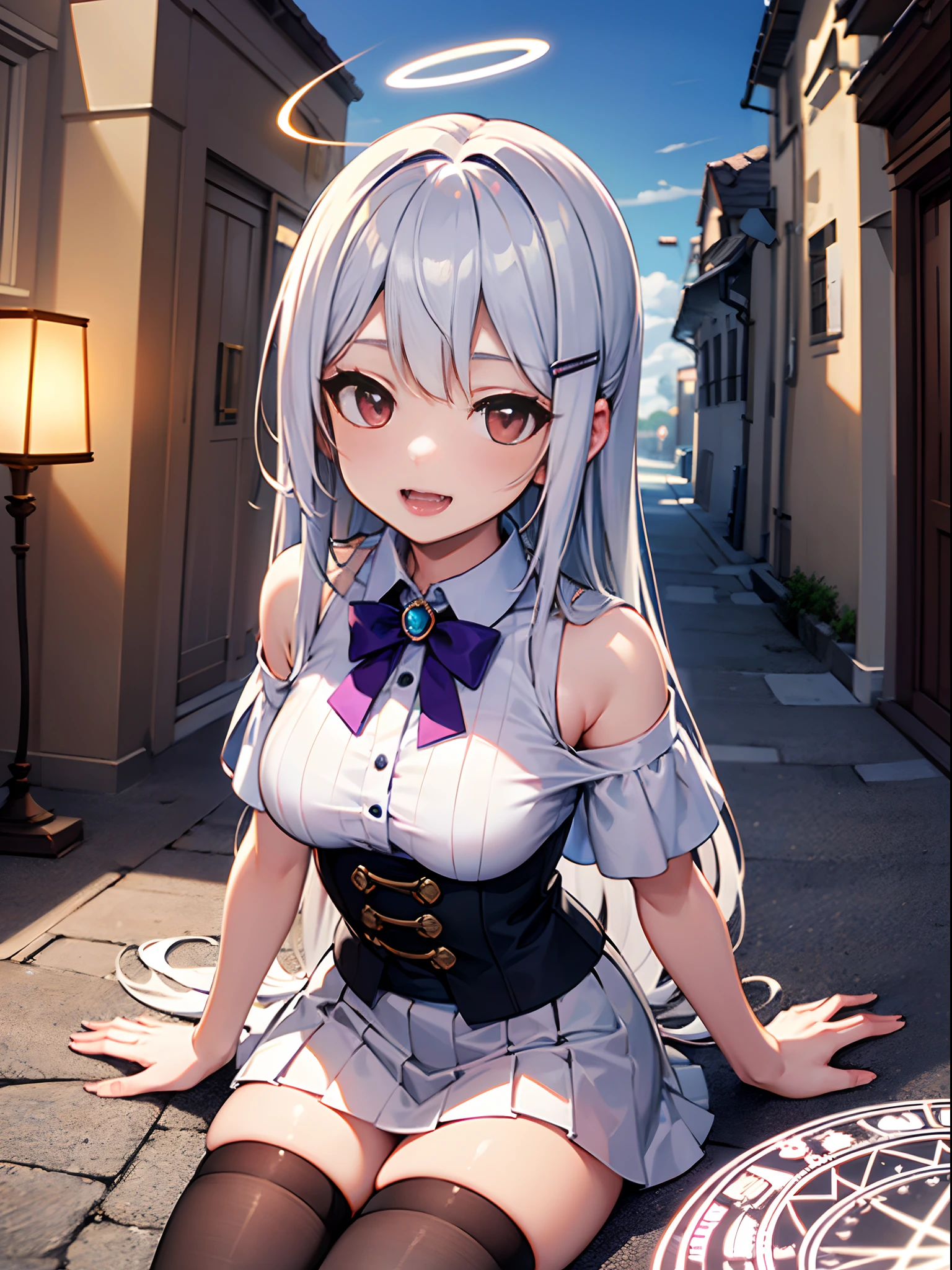 girl, young, big breasts, beautiful white long hair with bow tie, red eyes, beautiful eyes pupil, red lips, teeth fangs, pretty hairclips, cute hairpin, large magic circle shaped angel halo, small purple shirt, off shoulder, shirt accessories, shirt bow tie, black collar, white platted micro skirt, small skirt, white thigh highs, cute, adorable, scenery, clouds, medieval village, fantasy world, isekai, ray tracing, beautiful lighting, sunlight