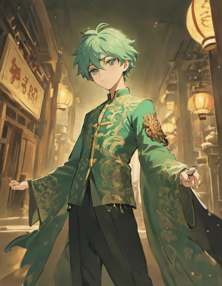 style of: Modern Chinese men's dress, Old money style, Bibliography scaramouce genshin impacts merch. The color of the clothes: Classic and modern at the same time, white top and black pants with a random pattern,Details: His clothes have Chinese ornaments such as logos，Casual culottes with loose straps,Full-body front design. The character is a tall, handsome man with aqua hair