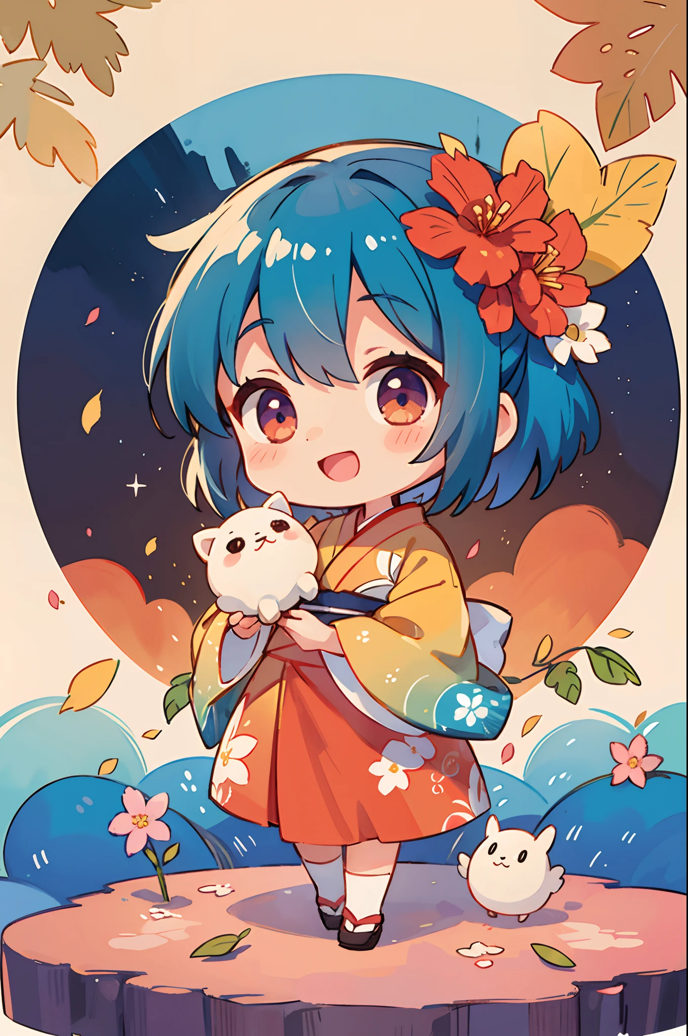photoRealstic、Nedroid in wedding dress arranged in kimono standing in front of the painting、Open mouth and big smile、watercolor Nendoroid、(High Definition Figure)、Flowing iridescent silk、up of face、Eye Up、Eyes are hearts、Floral dress、wave her hand、There are also flowers in front of the nendroids、flower petals、season!!: 夏天☀ 🍂