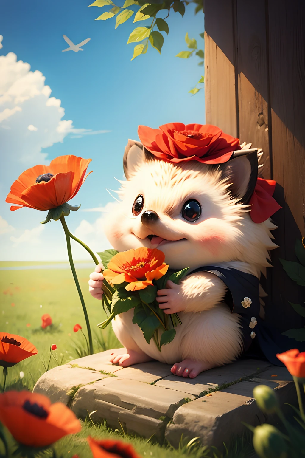 an anime hedgehog holding a red poppy flower