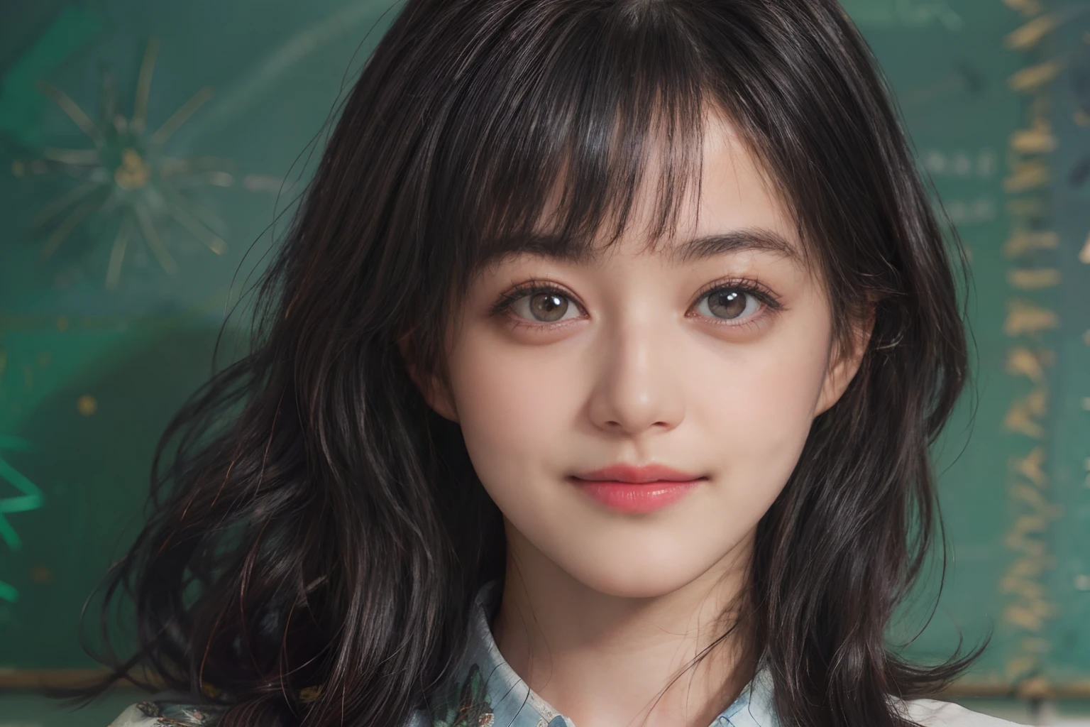 (((Black Shorthair:1.2))),  (a 20 yo woman), (T-shirt design), (Floral clothing), (Breast bulge),((Being in the physics classroom)),  (A hyper-realistic), (Relaxed), (Increased resolution), (8KUHD), (Extremely detailed), (Best Illustration), (Beautiful and detailed eyes), (Best Quality), (ultra-detailliert), (masutepiece ), ( Wallpaper), (Detailed face), Fine details,  Deep Shadows, lowkey,  Smiling,  (There is a picture of Einstein), (There are plenty of physicist photos), (Solving the formula on the blackboard), Standing in front of the blackboard
