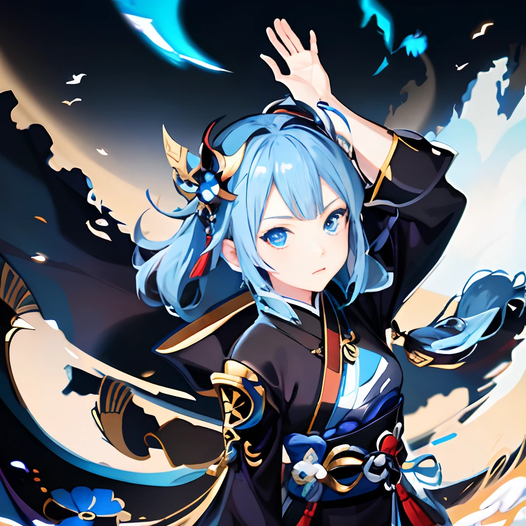 Anime girl with blue hair and blue eyes in black costume, onmyoji portrait, onmyoji, Onmyoji detailed art, Ayaka Genshin impact, Keqing from Genshin Impact, ayaka game genshin impact, Official artwork, rimuru tempest, drak, cotton cloud mage robes, Stylized anime, Genshin, Also