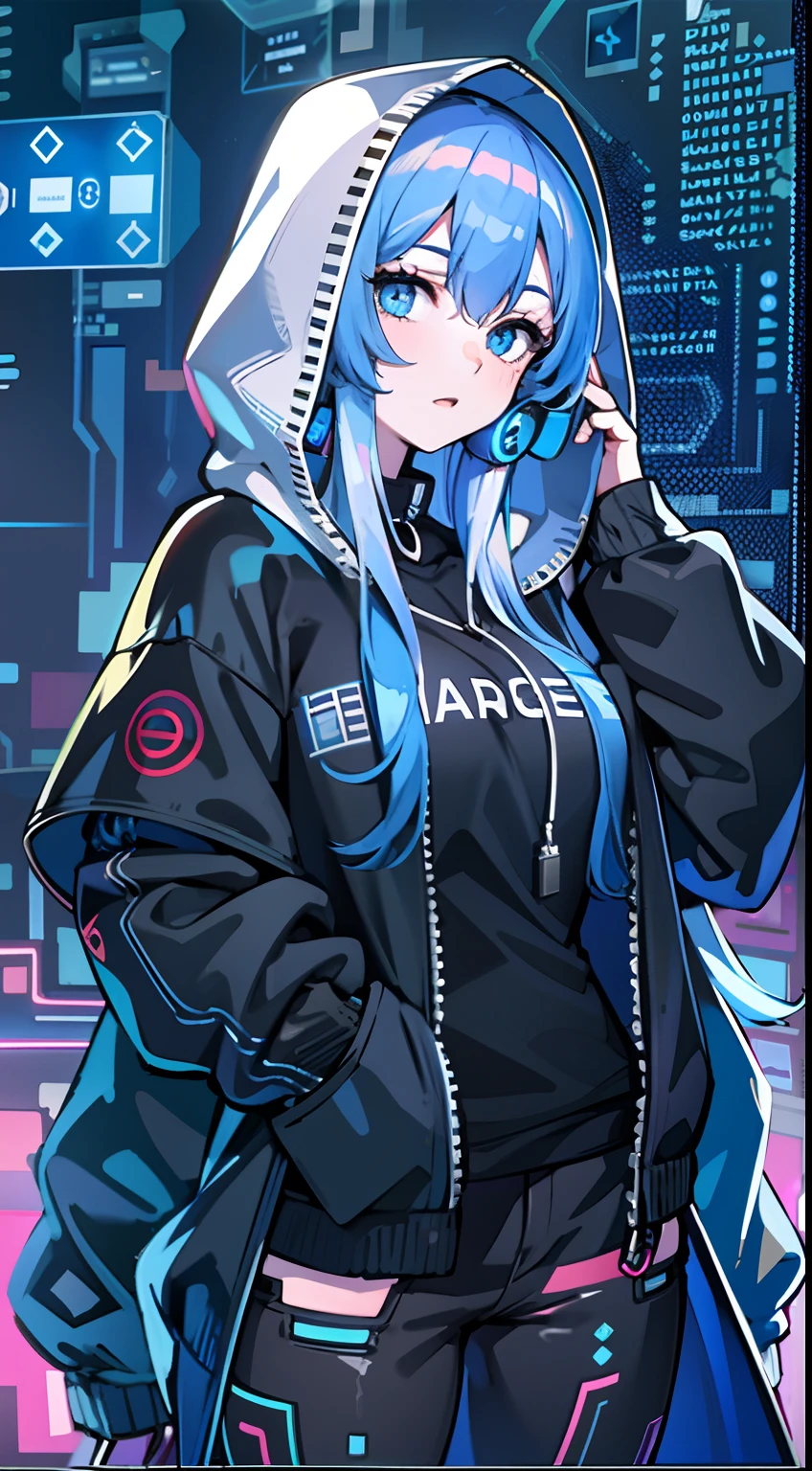 upper body, 1woman, blue hair, Long Haired, blue eyes, (Hacker cyber), blue Hood Cape, big breats, wallpaper, Chain background, light particles, (masterpiece), best quality, Top Quality, pale white skin, solo, cyber blue headphone, sleek black clothing, multi-pocketed pants,