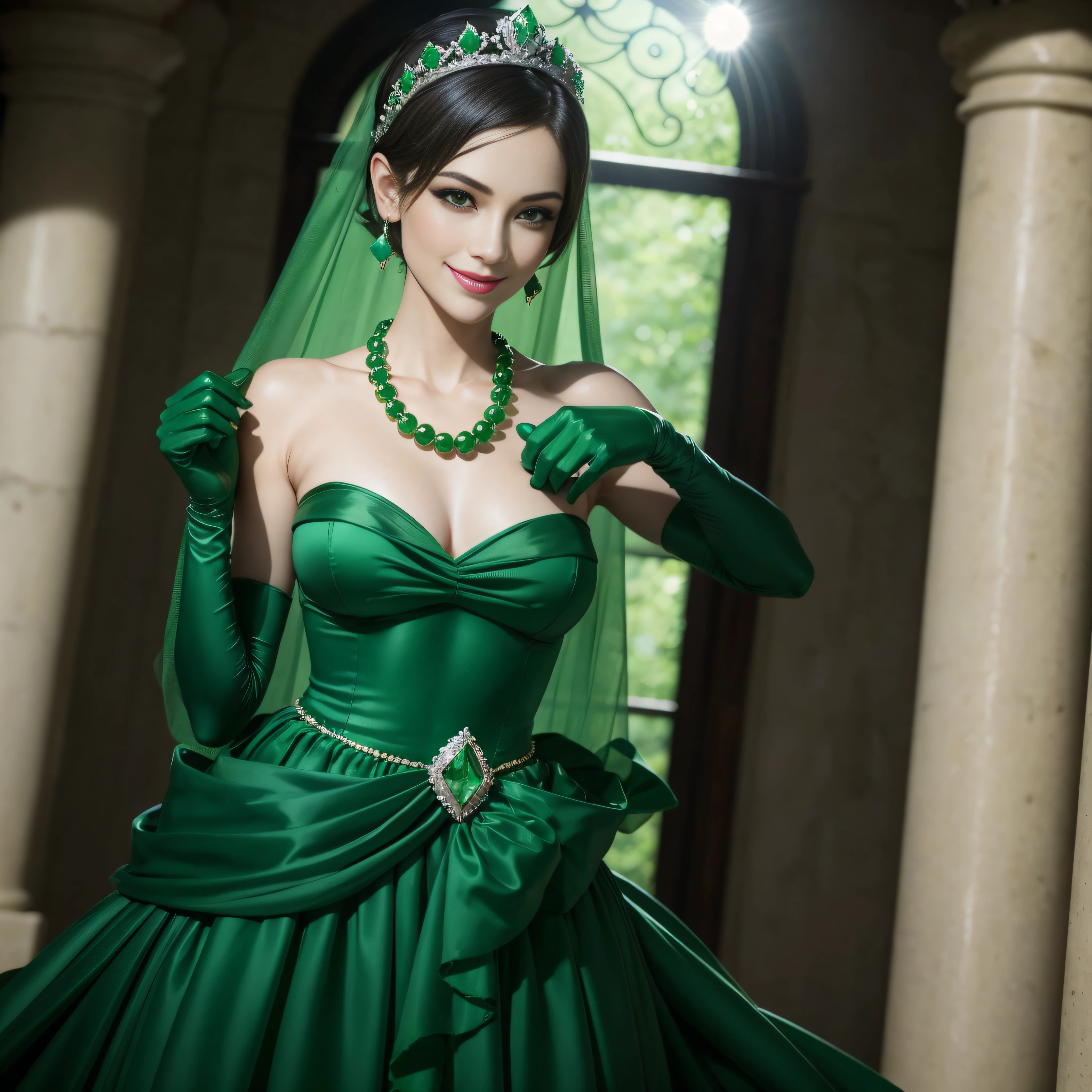 emerald tiara, Green Pearl Necklace, Boyish very short green hair, lipsticks, Japan woman smiling, very short short hair, fist, big breasts beautiful, Green eyes, Long green gloves made of satin material, Green eyes, Emerald Earrings, lesbian ,the kiss