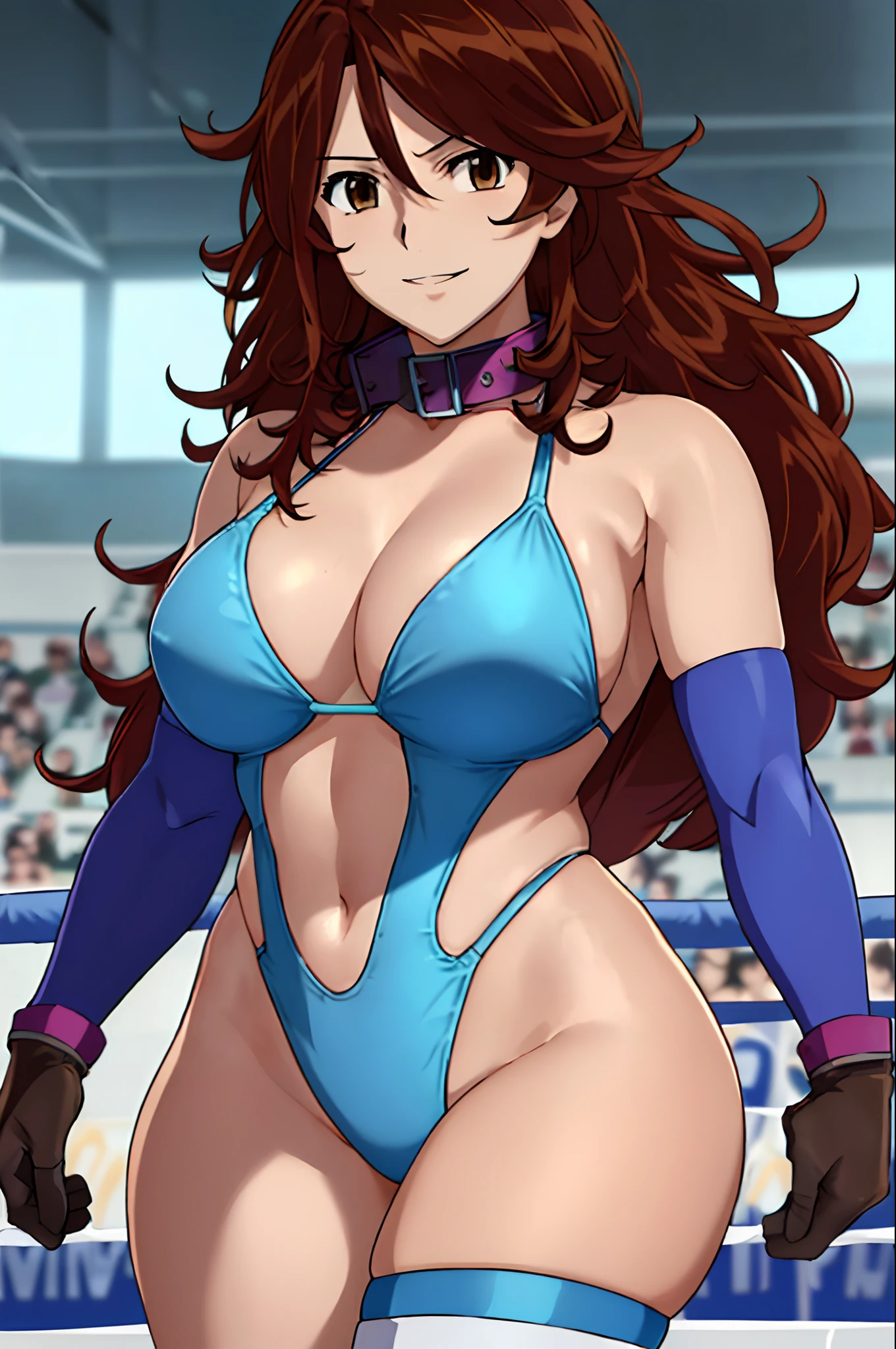 cowboy shot, face view, anime style: 1.8, anime drawing, ultra detailed face, ultra detailed body, 4k, Sumergai Lee Noriega, (standing), best quality, anime style, hires, highest definition, digital blending, bold drawing lines, ((slender body, female wrestler), (location: wrestling arena, crowds watching), (slender body, off-shoulders), mature woman, ((blue wrestling gear: blue micro bikini, boots, gloves, collar band, black bikini)), victorious, winner, smile, (big breasts), (big eyes, brown eyes), (warming up, robe underarms), (tilt head, curly hair, wavy hair, long hair, missy hair), 27 years old,