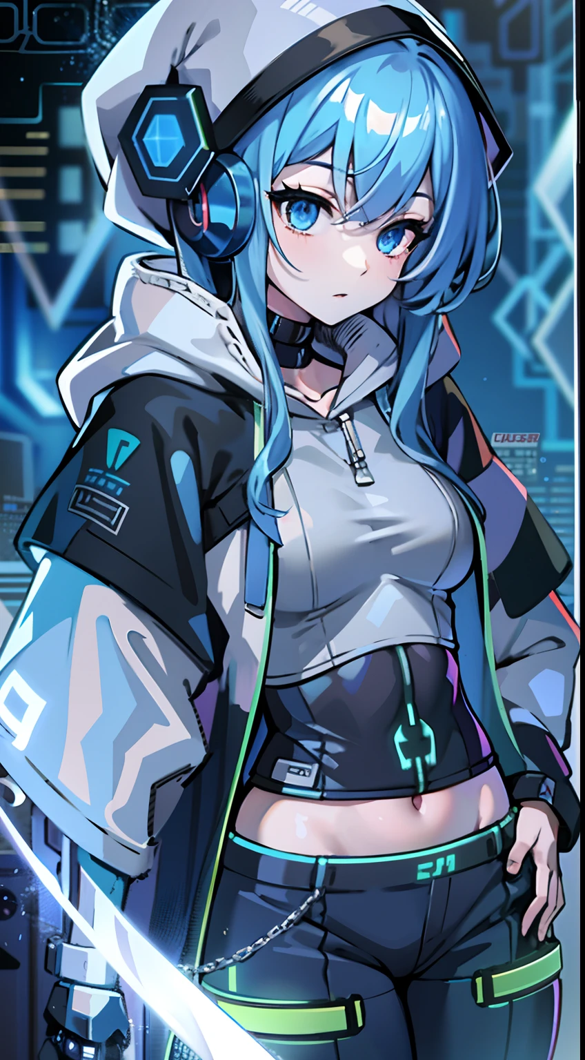 upper body, 1woman, blue hair, Long Haired, blue eyes, (Hacker cyber), blue Hood Cape, big breats, wallpaper, Chain background, light particles, (masterpiece), best quality, Top Quality, pale white skin, solo, cyber blue headphone, sleek black clothing, multi-pocketed pants,