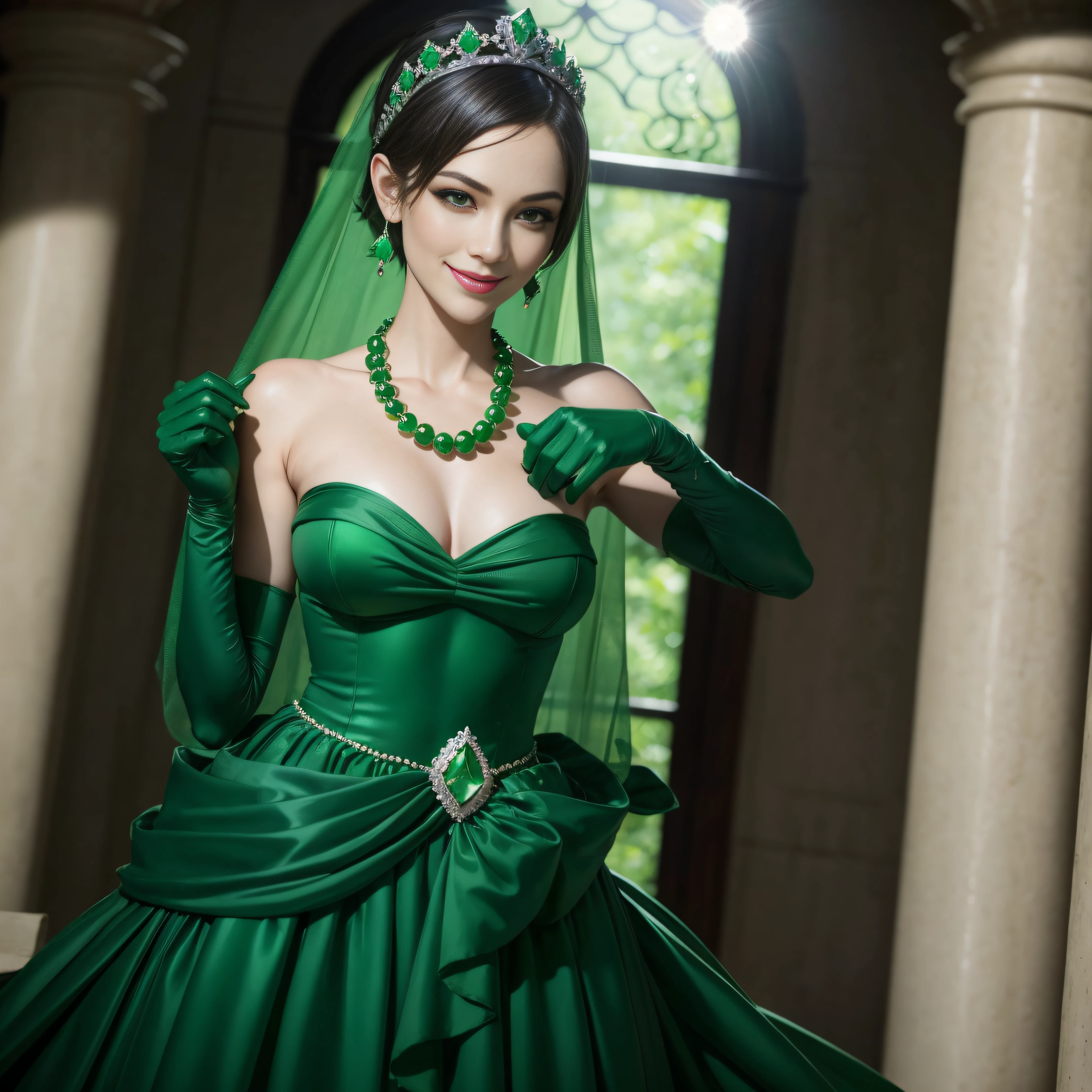 emerald tiara, Green Pearl Necklace, Boyish very short green hair, lipsticks, Japan woman smiling, very short short hair, fist, big breasts beautiful, Green eyes, Long green gloves made of satin material, Green eyes, Emerald Earrings, lesbian ,the kiss