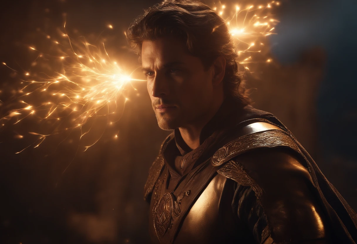 (master part, best quality:1.3), (ultra-detalhado:1.3),Alefe (A): Uma imagem de um boi, since "Alefe" significa "boi" em hebraico, symbolizing strength., Cinematic lighting, (((shining light particles))), Dynamic angle,