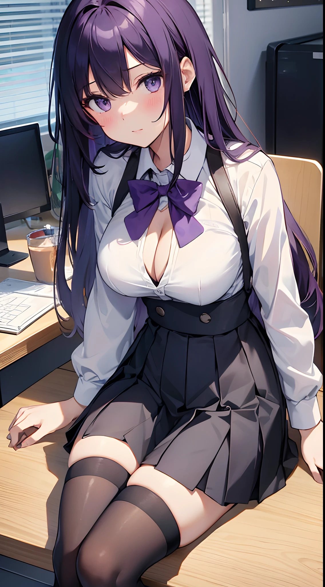 1girl in, Solo, ((White shirt)), black thighhighs, breasts, cleavage, uniform, Office Background, Black skirt, Pleated skirt, Office,Large breasts, Looking at Viewer, Purple hair, Solo, thighs thighs thighs thighs, thighs thighs thighs thighs, Very long hair, ((masutepiece)), Sitting, Chair, desk work, Computer on desk, nametag, id tag, Indoor, blush, Sexy Pose,