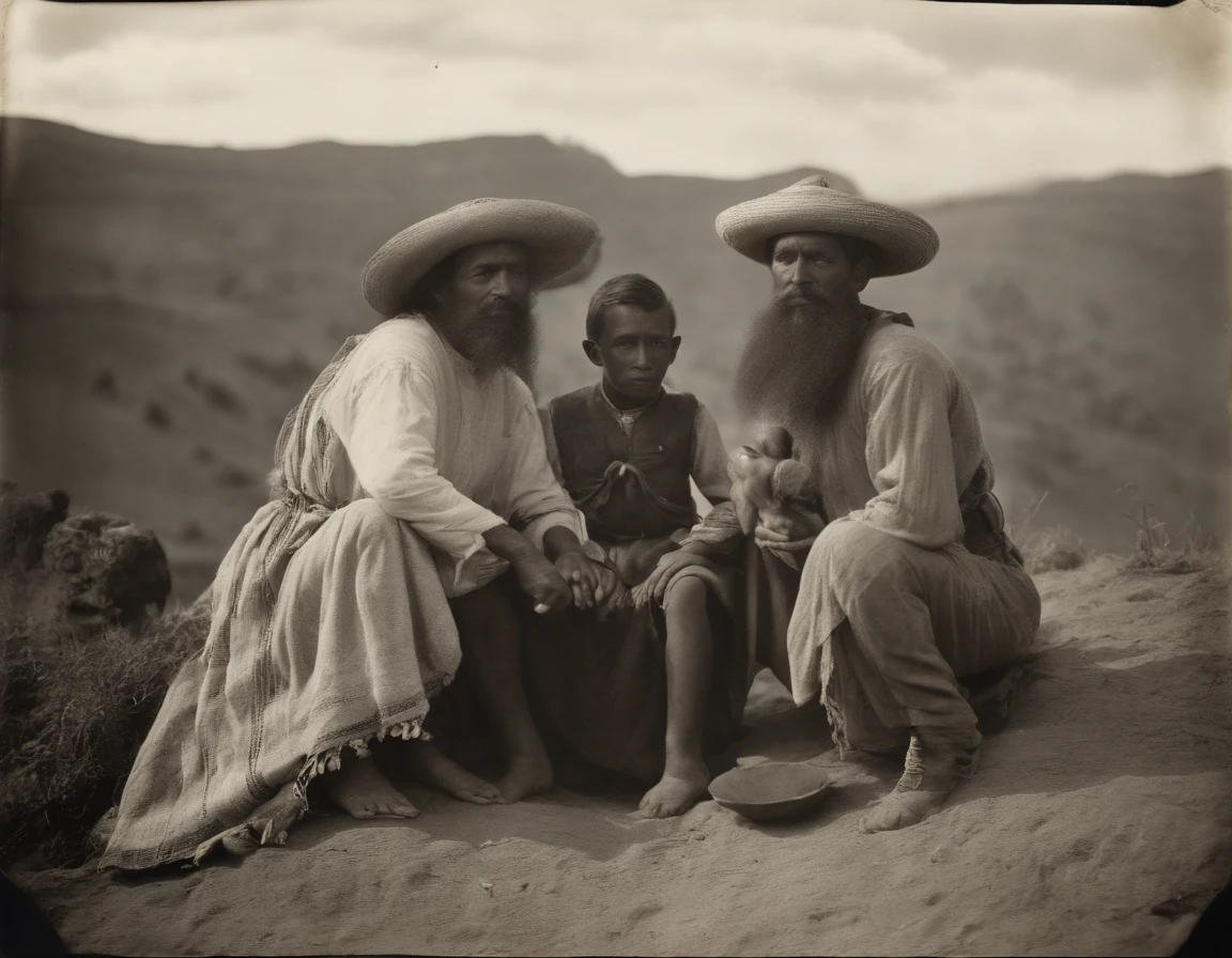 cuerpo completo, diablo, demonio, con cuerno, Posando una foto con la gente local, Capturado en blanco y negro, Photograph from 1900, Detallado, Silver gelatin printing, Add noise, Efecto de foto antigua