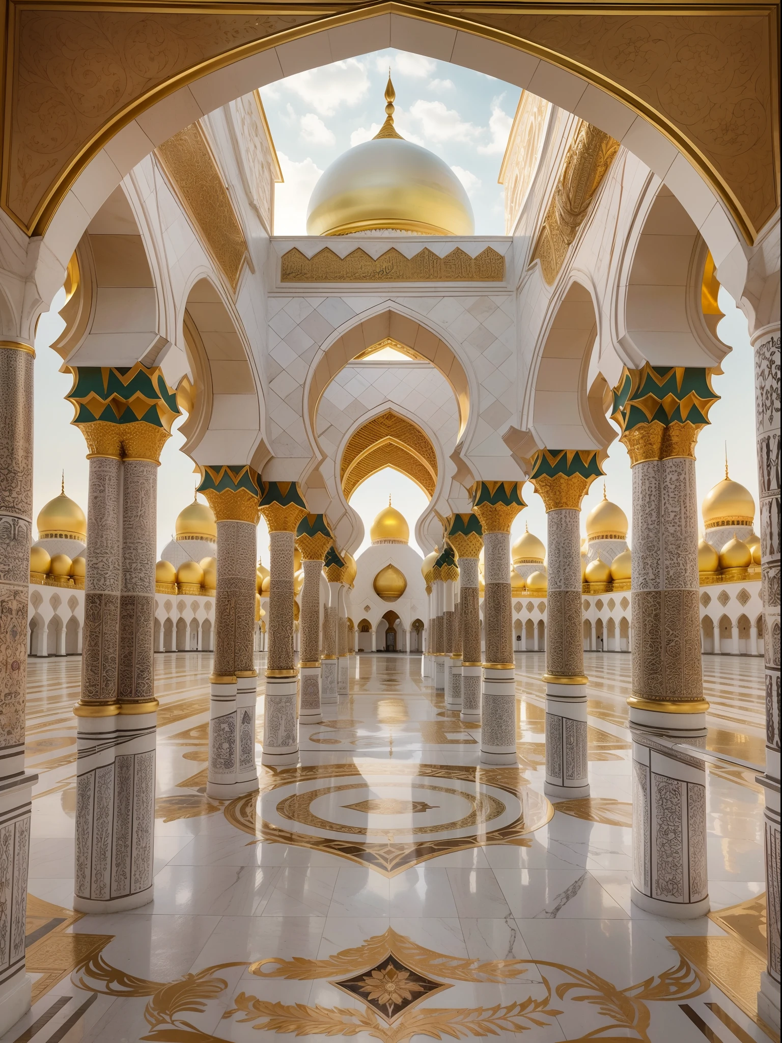 aerial view, Sheikh Zayed Grand Mosque, majestic architecture, intricate details, golden domes, tall minarets, symmetrical design, marble floors, beautiful courtyard, ornate chandeliers, tranquil atmosphere, serene reflection pool, grand entrance, luxurious carpets, peaceful prayers, traditional calligraphy, Islamic art, cultural heritage, stunning photography, vibrant colors, artistic lighting, spiritual ambience, towering pillars, arched doorways, prayer halls, intricate mosaics, intricate carvings, intricate patterns, beautiful symmetry, peaceful worship, iconic landmark, timeless elegance, divine inspiration, architectural masterpiece, religious sanctuary, enchanting beauty, tranquil gardens, cultural icon, spiritual journey, grandeur and opulence, rich history. (best quality, 4k, highres:1.2), ultra-detailed, realistic, vivid colors, professional lighting.