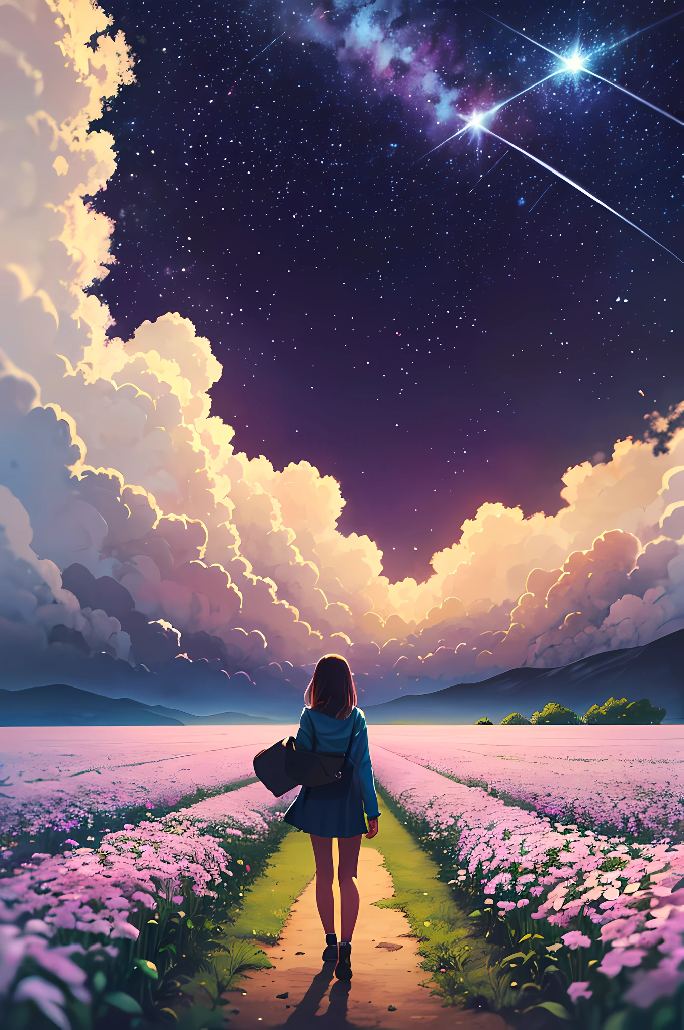 There is a girl standing in a flower field looking up at the sky, A girl standing in a flower field, A girl walks in a flower field, Get lost in a dreamy wonderland, standing in flower field, dreamlike digital painting, The sky is gradually clearing, The starry sky gradually receded