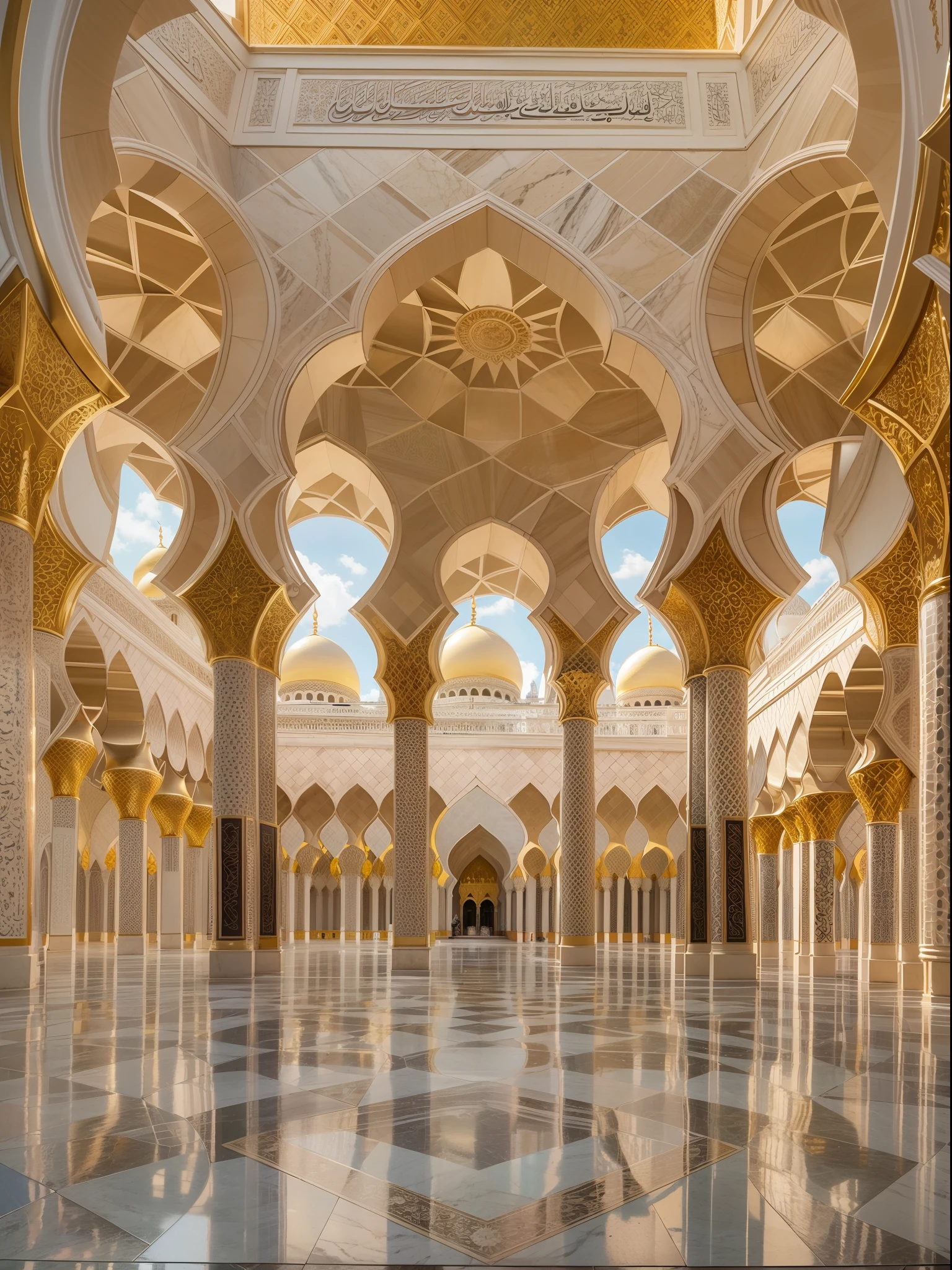aerial view, Sheikh Zayed Grand Mosque, majestic architecture, intricate details, golden domes, tall minarets, symmetrical design, marble floors, beautiful courtyard, ornate chandeliers, tranquil atmosphere, serene reflection pool, grand entrance, luxurious carpets, peaceful prayers, traditional calligraphy, Islamic art, cultural heritage, stunning photography, vibrant colors, artistic lighting, spiritual ambience, towering pillars, arched doorways, prayer halls, intricate mosaics, intricate carvings, intricate patterns, beautiful symmetry, peaceful worship, iconic landmark, timeless elegance, divine inspiration, architectural masterpiece, religious sanctuary, enchanting beauty, tranquil gardens, cultural icon, spiritual journey, grandeur and opulence, rich history. (best quality, 4k, highres:1.2), ultra-detailed, realistic, vivid colors, professional lighting.