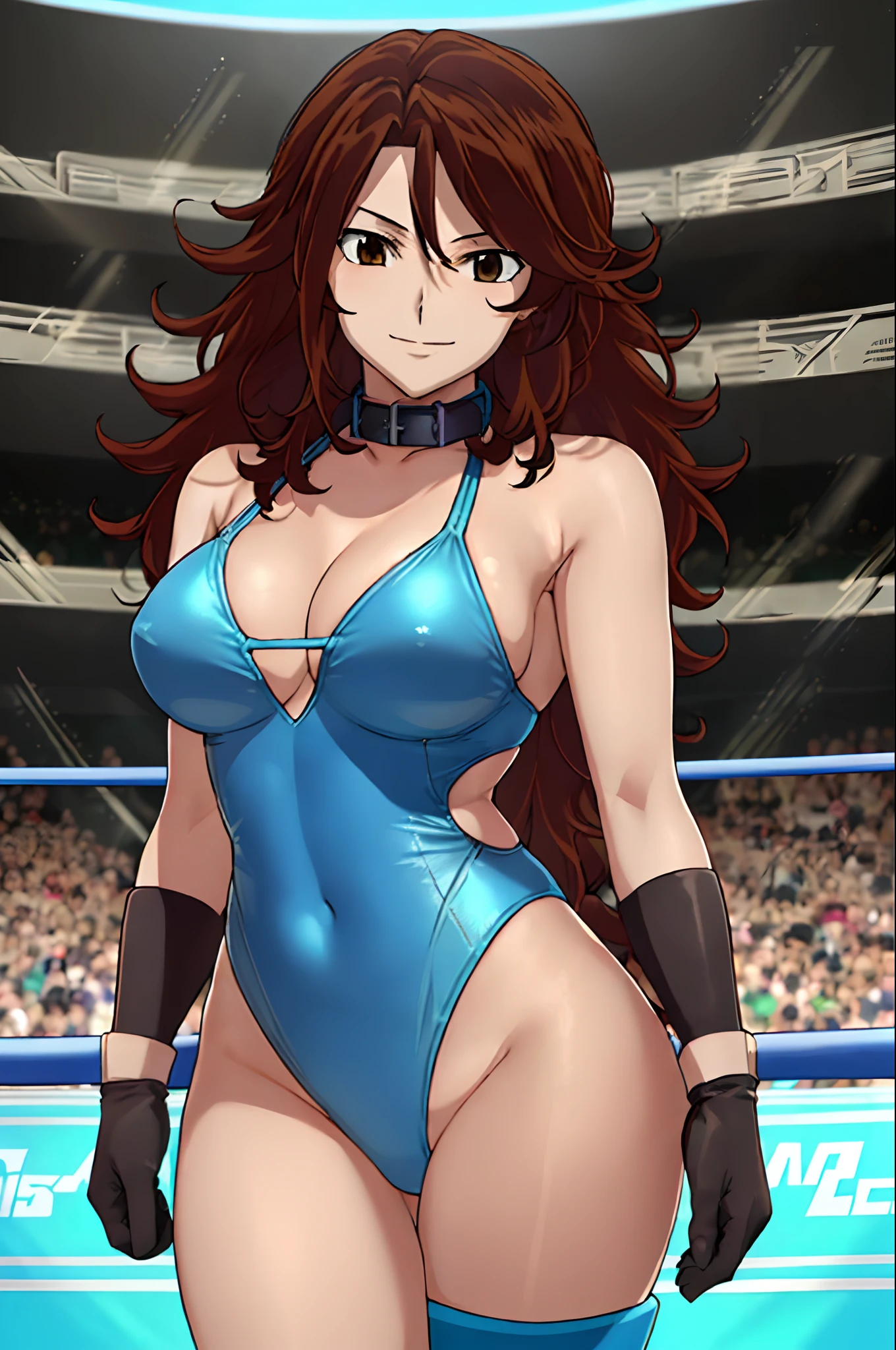 cowboy shot, face view, anime style: 1.8, anime drawing, ultra detailed face, ultra detailed body, 4k, Sumergai Lee Noriega, (standing), best quality, anime style, hires, highest definition, digital blending, bold drawing lines, ((slender body, female wrestler), (location: wrestling arena, crowds watching), (slender body, off-shoulders), mature woman, ((blue wrestling gear: blue micro bikini, boots, gloves, collar band, black bikini)), victorious, winner, (smile, closed mouth), (big breasts), (big eyes, brown eyes), (warming up, robe underarms), (tilt head, curly hair, wavy hair, long hair, missy hair), 27 years old,