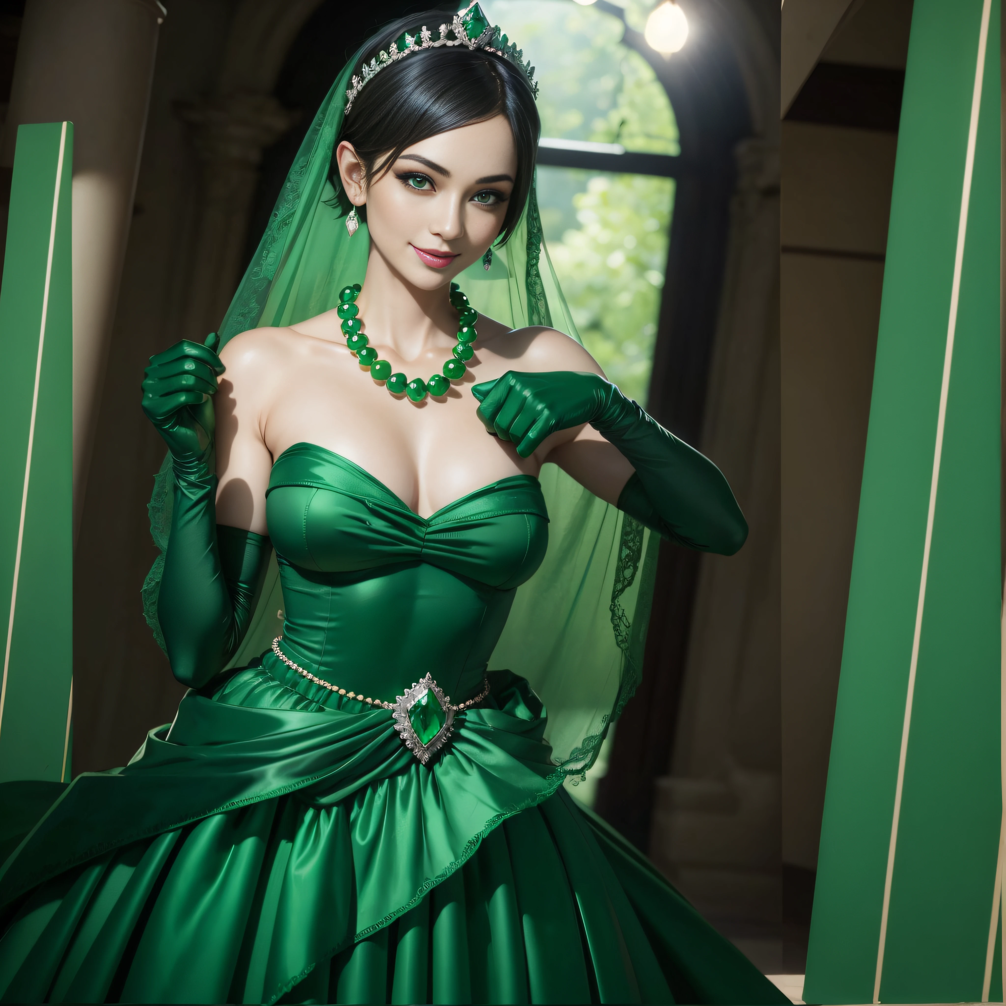 emerald tiara, Green Pearl Necklace, Boyish very short green hair, lipsticks, Japan woman smiling, very short short hair, fist, big breasts beautiful, Green eyes, Long green gloves made of satin material, Green eyes, Emerald Earrings, lesbian ,the kiss