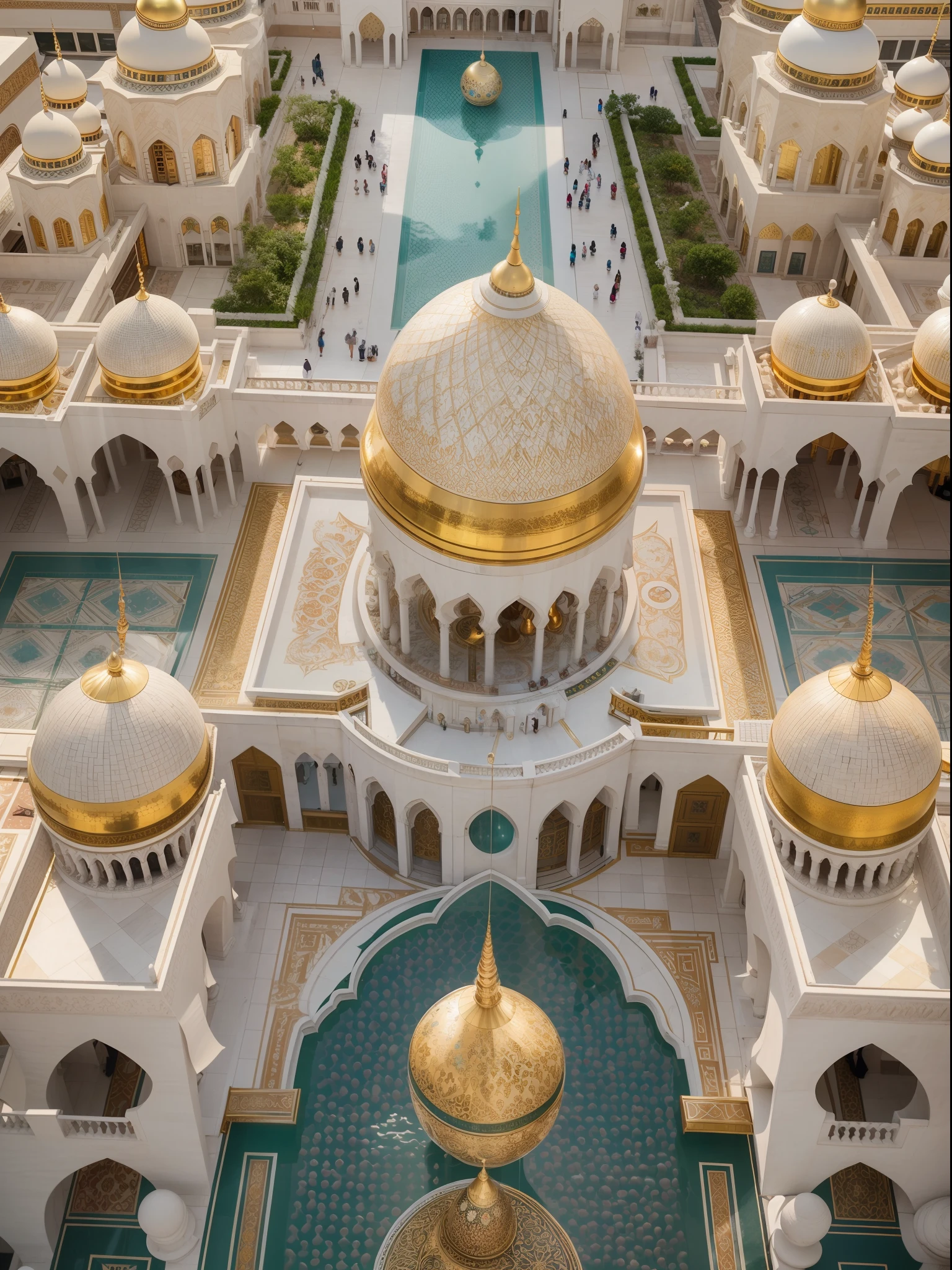 aerial view, Sheikh Zayed Grand Mosque, majestic architecture, intricate details, golden domes, tall minarets, symmetrical design, marble floors, beautiful courtyard, ornate chandeliers, tranquil atmosphere, serene reflection pool, grand entrance, luxurious carpets, peaceful prayers, traditional calligraphy, Islamic art, cultural heritage, stunning photography, vibrant colors, artistic lighting, spiritual ambience, towering pillars, arched doorways, prayer halls, intricate mosaics, intricate carvings, intricate patterns, beautiful symmetry, peaceful worship, iconic landmark, timeless elegance, divine inspiration, architectural masterpiece, religious sanctuary, enchanting beauty, tranquil gardens, cultural icon, spiritual journey, grandeur and opulence, rich history. (best quality, 4k, highres:1.2), ultra-detailed, realistic, vivid colors, professional lighting.