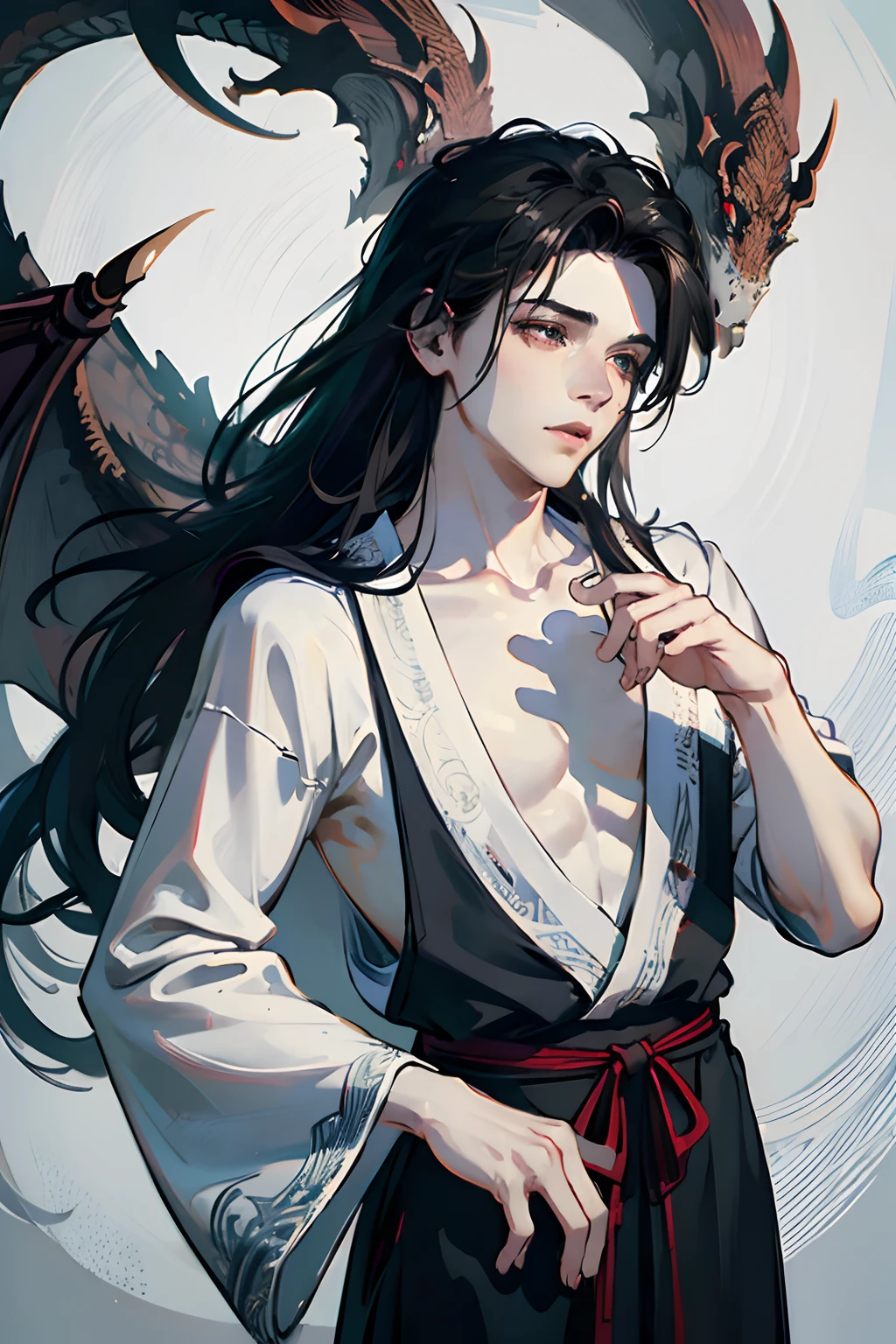 (bests quality,ultra-detailed,(realistic:1.37)),black hair,long hair,boy,traditional Chinese costume,beautiful detailed eyes,beautiful detailed lips,pale skin,serene expression,slightly raised eyebrows,piercing gaze,flowing robe,ornate patterns,dragon embroidery,well-defined collarbone,fine brushstrokes,vibrant colors,dramatic lighting,subtle shadows,traditional backdrop,Asian motifs,graceful pose,peaceful ambiance,artistic masterpiece,painting-like,classic,ethereal,dreamlike effect