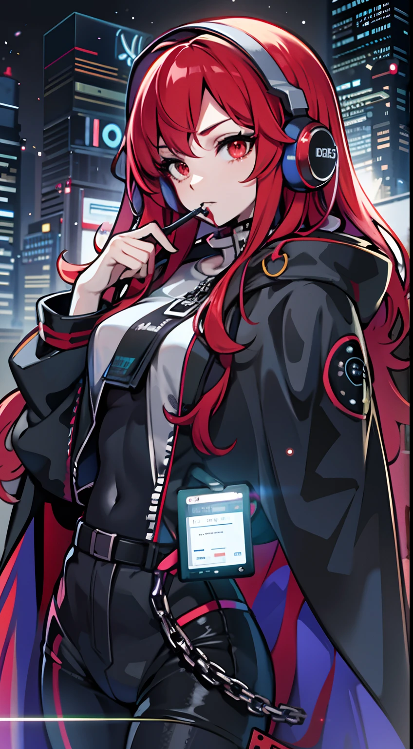 upper body, 1woman, red hair, Long Haired, red eyes, (Hacker cyber), red Hood Cape, big breats, wallpaper, Chain background, light particles, (masterpiece), best quality, Top Quality, pale white skin, solo, cyber blue headphone, sleek black clothing, multi-pocketed pants,