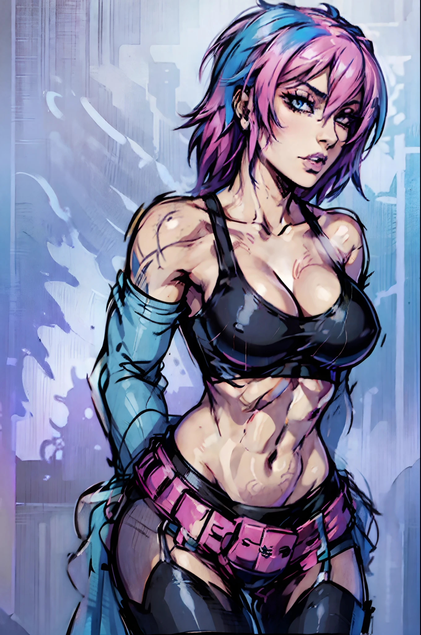 western anime, Fist Fighter ,Beautiful girl, Muscular, Cleavage, Abs, (stattoo), big breasts, light blue (emo_hairstyle) with pink highlights, makeup, black lipstick, (solo), realistic, form fitting sports bra