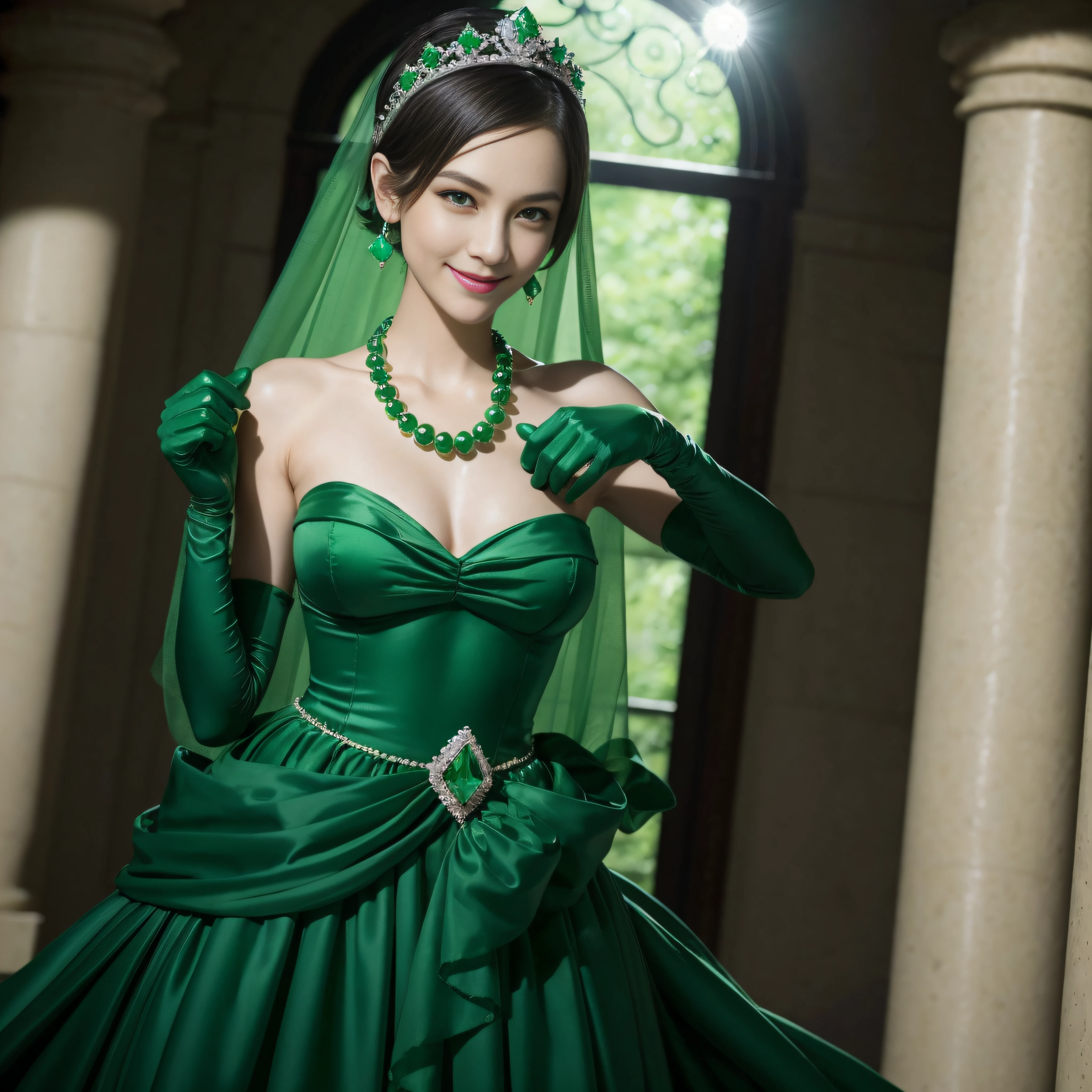 emerald tiara, Green Pearl Necklace, Boyish very short green hair, lipsticks, Japan woman smiling, very short short hair, fist, big breasts beautiful, Green eyes, Long green gloves made of satin material, Green eyes, Emerald Earrings, lesbian ,the kiss