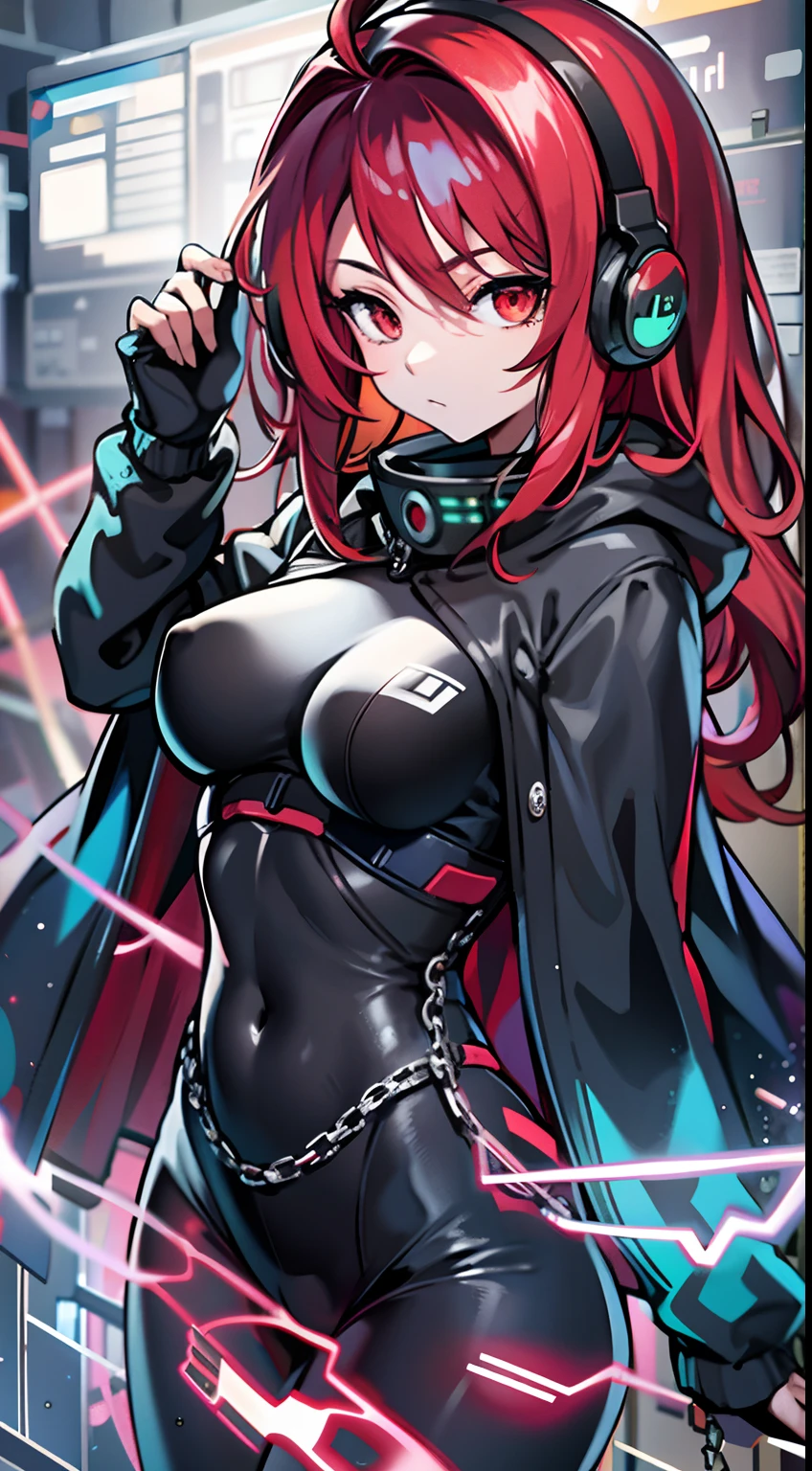 upper body, 1woman, red hair, Long Haired, red eyes, (Hacker cyber), red Hood Cape, big breats, wallpaper, Chain background, light particles, (masterpiece), best quality, Top Quality, pale white skin, solo, cyber blue headphone, sleek black clothing, multi-pocketed pants,