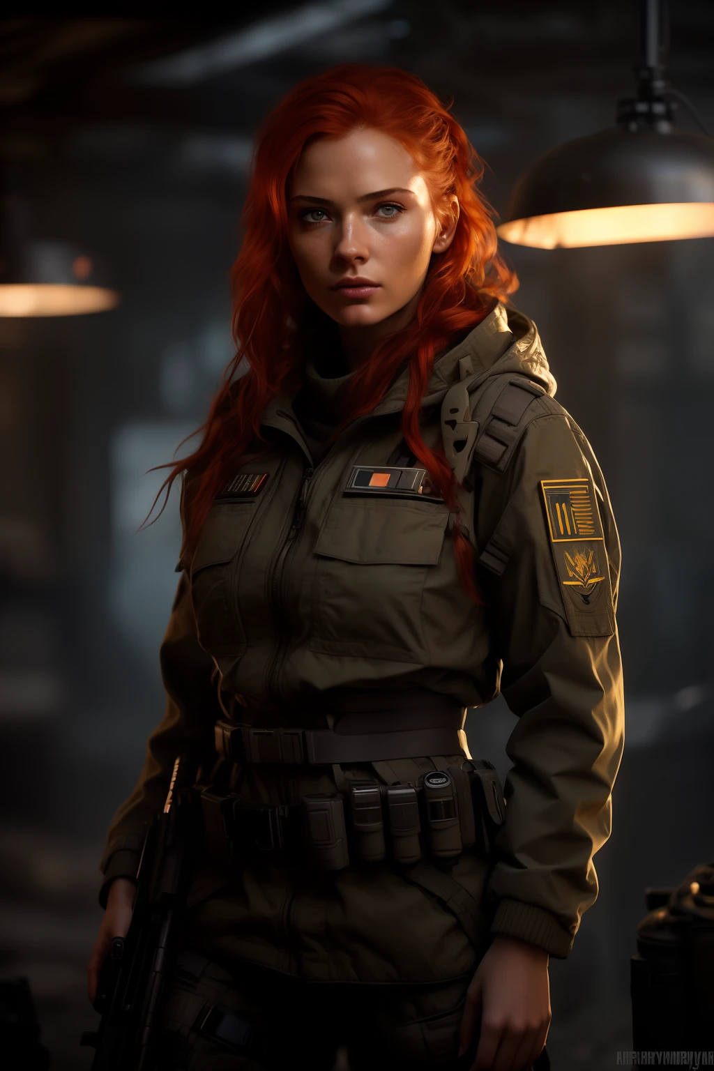 cozy, close-up photo of an arafed woman (with a rifle:1.2) in a dark room, redhead female cyberpunk, infantry girl, wojtek fus, female lead character, soldier girl, eve ventrue, stunning character art, epic sci - fi character art, epic sci-fi character art, solo female character, beautiful female soldier, ready for combat, mechanized soldier girl, sci - fi character, cinematic lightning, rim light