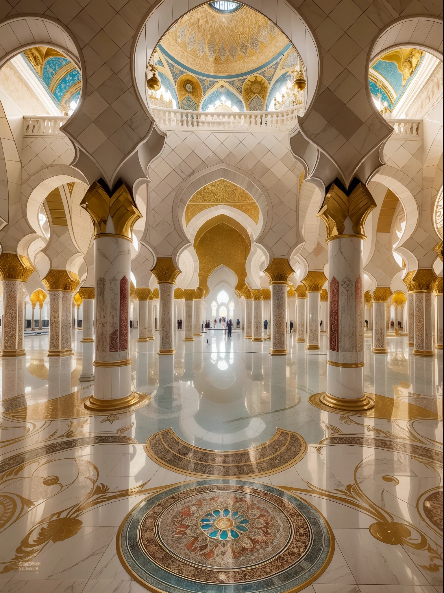 aerial view, Sheikh Zayed Grand Mosque, majestic architecture, intricate details, golden domes, tall minarets, symmetrical design, marble floors, beautiful courtyard, ornate chandeliers, tranquil atmosphere, serene reflection pool, grand entrance, luxurious carpets, peaceful prayers, traditional calligraphy, Islamic art, cultural heritage, stunning photography, vibrant colors, artistic lighting, spiritual ambience, towering pillars, arched doorways, prayer halls, intricate mosaics, intricate carvings, intricate patterns, beautiful symmetry, peaceful worship, iconic landmark, timeless elegance, divine inspiration, architectural masterpiece, religious sanctuary, enchanting beauty, tranquil gardens, cultural icon, spiritual journey, grandeur and opulence, rich history. (best quality, 4k, highres:1.2), ultra-detailed, realistic, vivid colors, professional lighting.