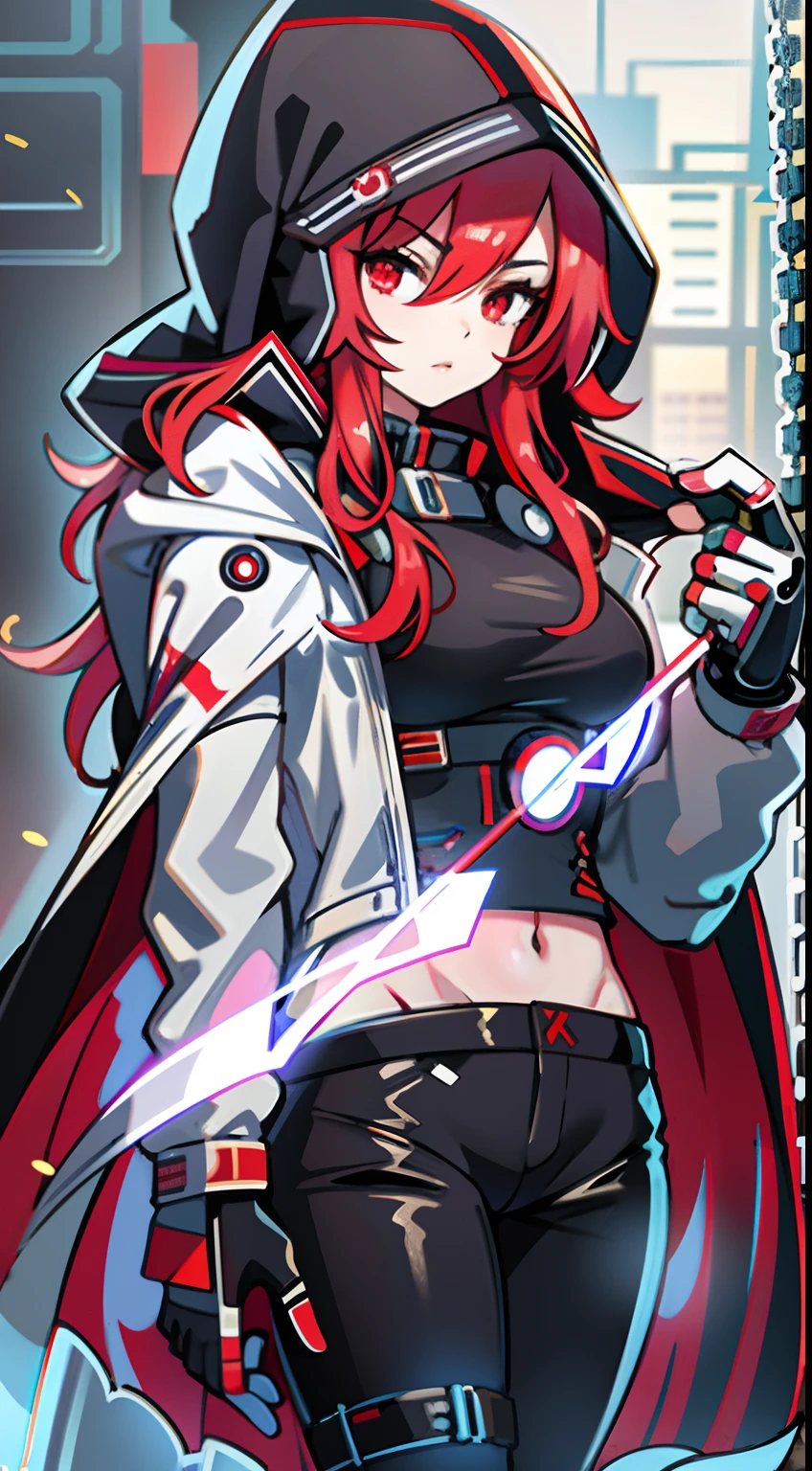 upper body, 1woman, red hair, Long Haired, red eyes, (Hacker cyber), red Hood Cape, big breats, wallpaper, Chain background, light particles, (masterpiece), best quality, Top Quality, pale white skin, solo, cyber blue headphone, sleek black clothing, multi-pocketed pants,