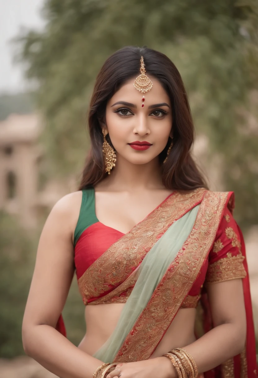 a woman in a sari posing for a picture, indian goddess, traditional beauty, indian, beautiful goddess, ornate cosplay, indian style, indian super model, beautiful maiden, gorgeous woman, south east asian with long, provocative indian, gorgeous beautiful woman, intricate outfit, hindu aesthetic, beautiful asian girl, extremely detailed goddess shot, jaw-dropping beauty, big boobs deep cleavage sexy navel front camera face