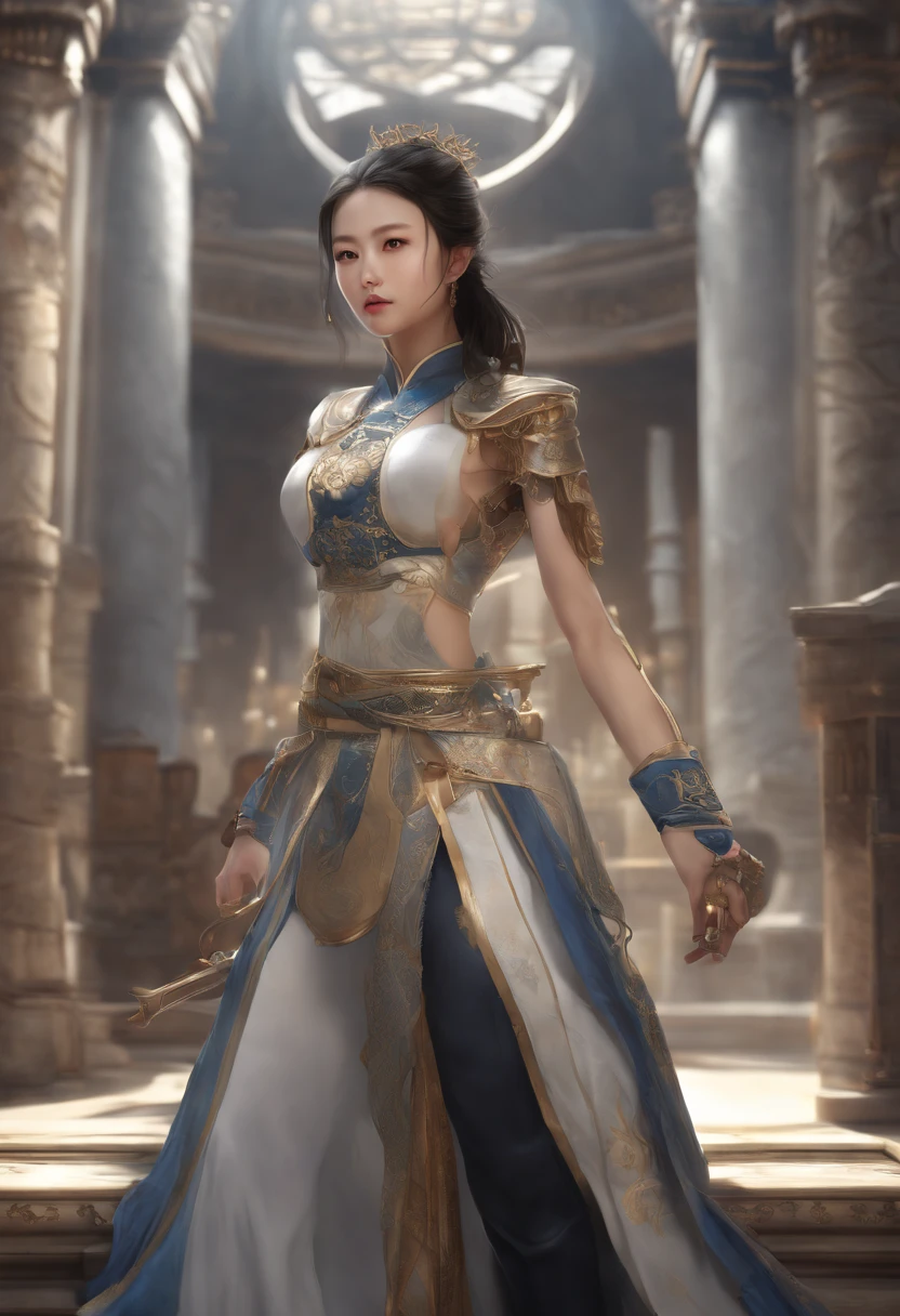 Best quality,masterpiece,ultra high res,(photorealistic:1.4),xiuxian,weapon,Detailed face,, 1girl,solo,weapon,cleavage,(magic circle:1.2),xiuxian,upper body,Beautiful girl,full body,east asian architecture,sheath,architecture,