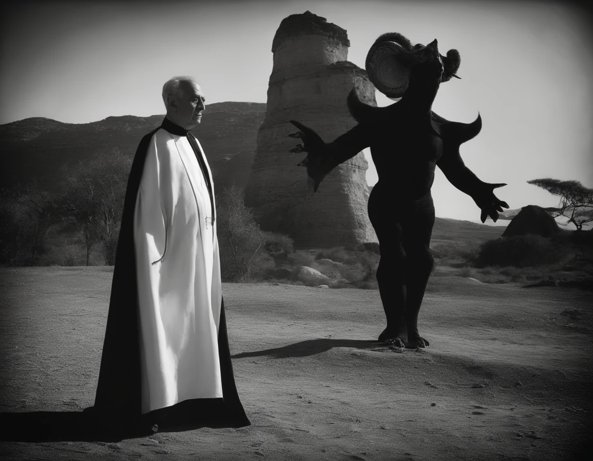 Monster priest from another world, full body, Posando una foto con la gente local, Capturado en blanco y negro, Photograph from 1900, Detallado, Silver gelatin printing, Add noise, Efecto de foto antigua