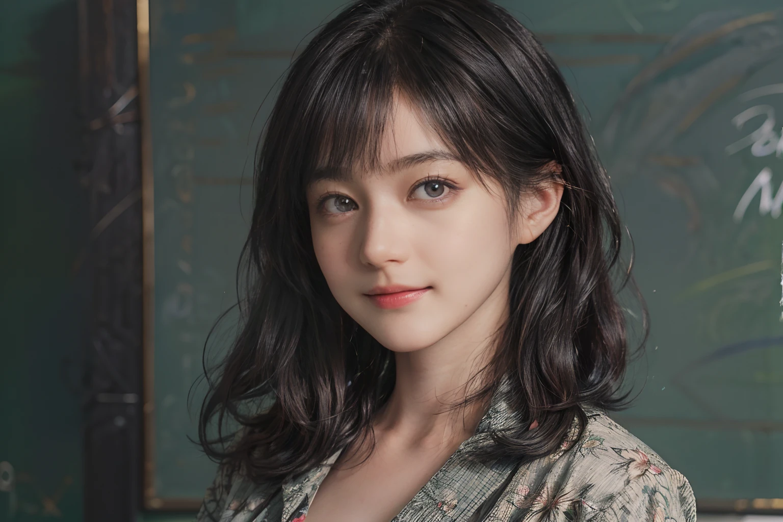 (((Black Shorthair:1.2))), (a 20 yo woman), (T-shirt design), (Floral clothing), (Breast bulge),((Being in the physics classroom)), (A hyper-realistic), (Relaxed), (Increased resolution), (8KUHD), (Extremely detailed), (Best Illustration), (Beautiful and detailed eyes), (Best Quality), (ultra-detailliert), (masutepiece ), ( Wallpaper), (Detailed face), Fine details, Deep Shadows, lowkey, Smiling, (There is a picture of Einstein), (There are plenty of physicist photos), (Solving the formula on the blackboard), Standing in front of the blackboard