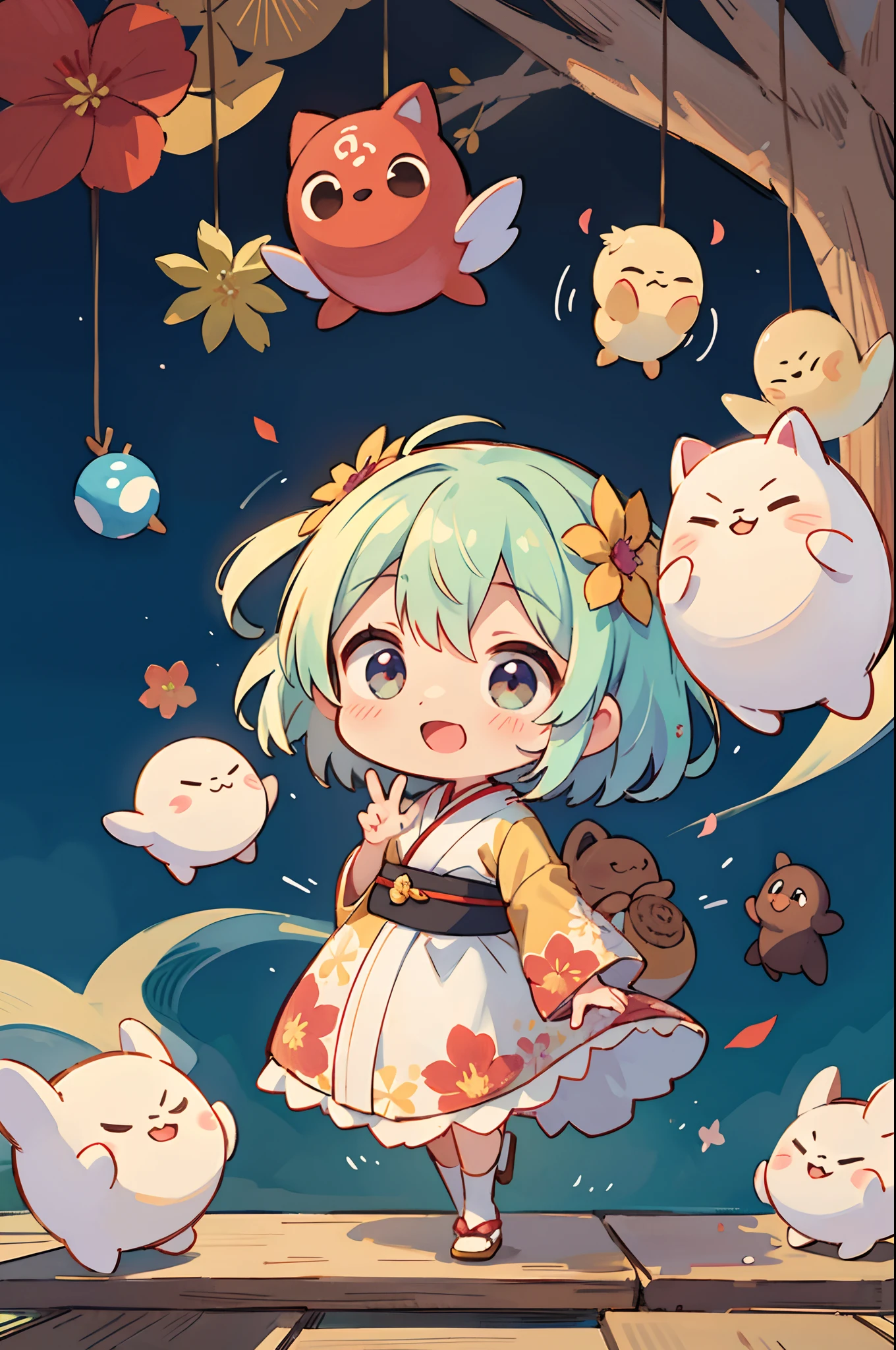 photoRealstic、Nedroid in wedding dress arranged in kimono standing in front of the painting、Open mouth and big smile、watercolor Nendoroid、(High Definition Figure)、Flowing iridescent silk、up of face、Eye Up、Eyes are hearts、Floral dress、wave her hand、There are also flowers in front of the nendroids、flower petals、season!!: 夏天☀ 🍂