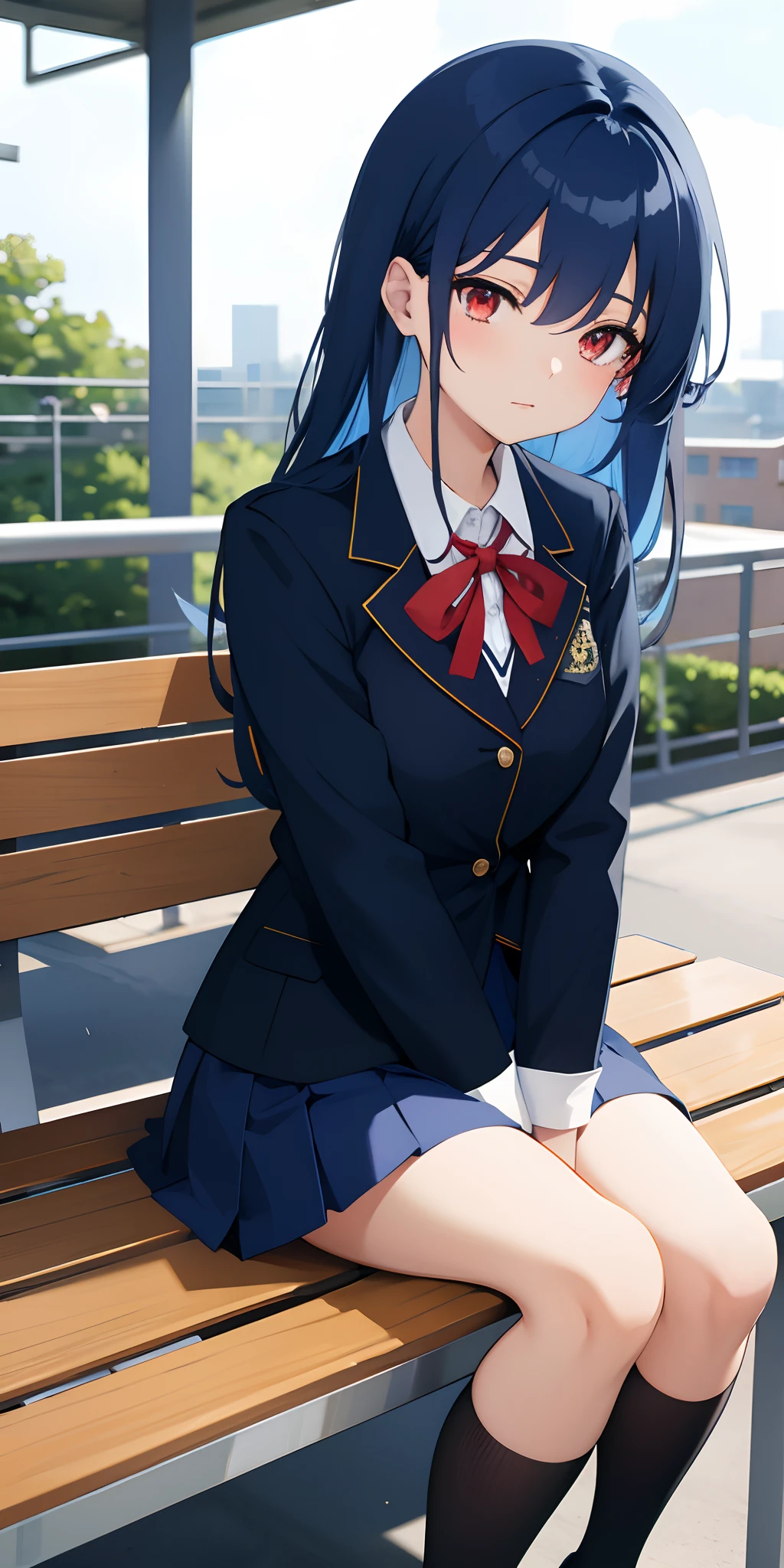 One anime girl, medium blue hair, curved hair, light red eyes, school uniform, mid day time, school rooftop, sitting on bench