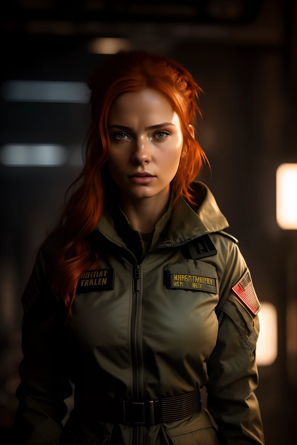 cozy, close-up photo of an arafed woman (with a rifle:1.2) in a dark room, redhead female cyberpunk, infantry girl, unbuttoned military jacket, wojtek fus, female lead character, soldier girl, eve ventrue, stunning character art, epic sci-fi character art, epic sci-fi character art, solo female character, beautiful female soldier, ready for combat, mechanized soldier girl, sci - fi character, cinematic lightning, rim light