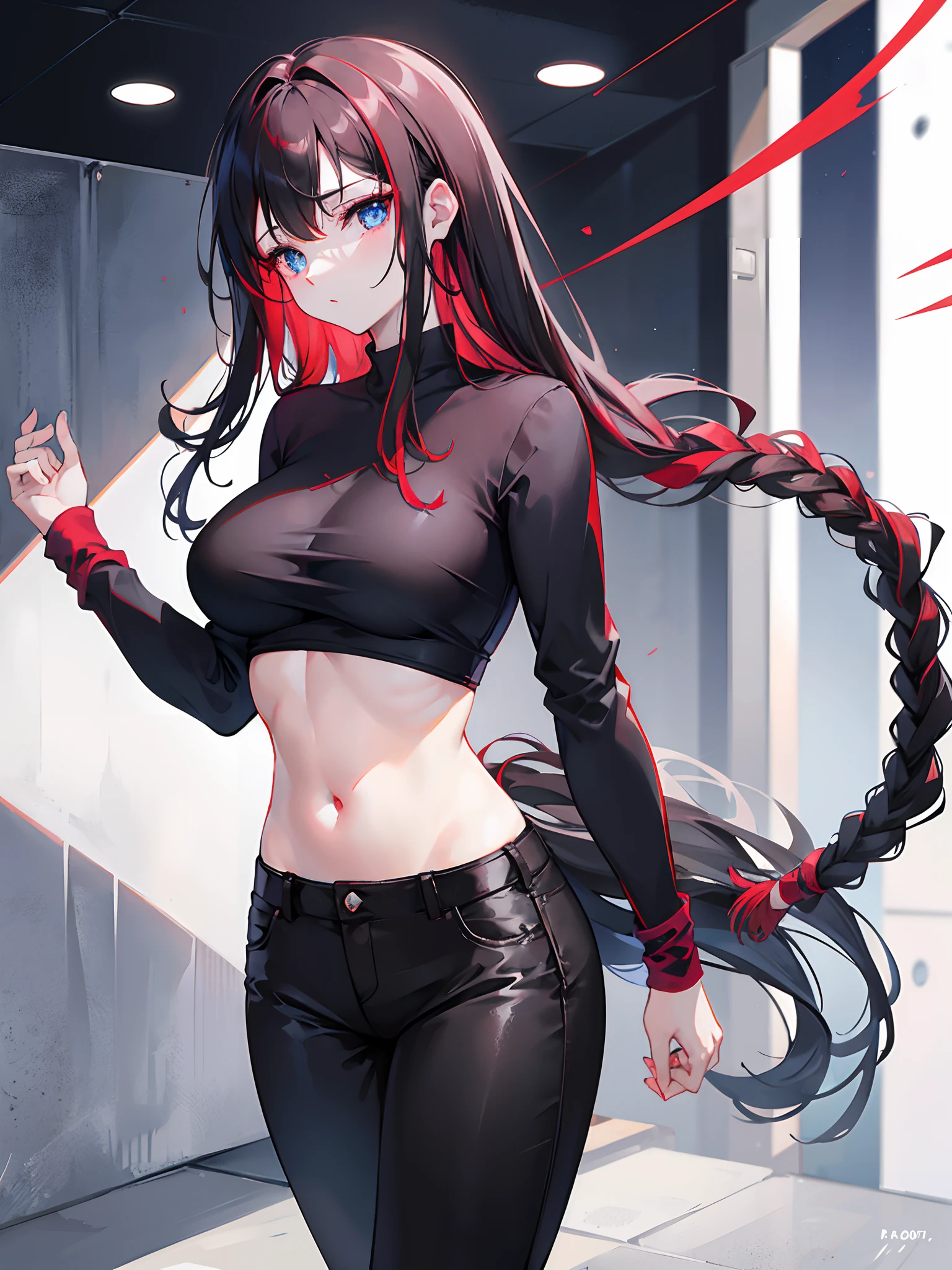 Beautiful long red black hair, Red Highlights, Bright blue eyes ,Show your hands....,18 year old girl,.Big breasts. Wear black trousers..,Left Braid,Taking off my shirt.