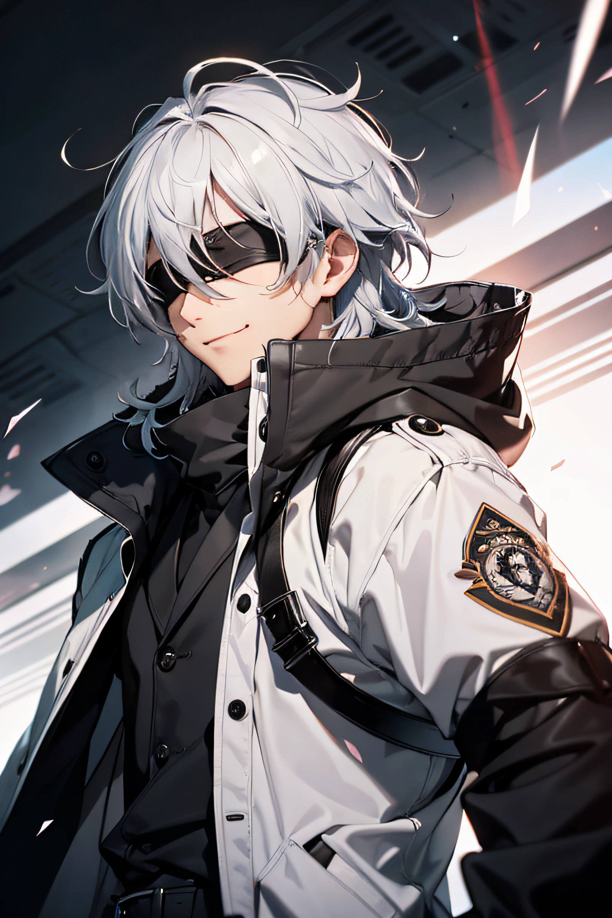 Haar: Satoru Gojo hat kurze nach oben abestehende, disheveled white hair, . His hair is one of his most striking features, and its white contrasts sharply with its dark clothes. His hair often gives him an ethereal and almost otherworldly presence. Augen: Trotz seiner markanten Erscheinung, Gojo's most mysterious trait is his eyes, die in der Regel durch eine einfache, plain white blindfold. This blindfold completely covers his eyes, and the reason for this is an integral part of his character and abilities. Kleidung: Gojo is often seen in a distinctive black and white outfit, that contributes to his aura of power. He wears a long, flowing black coat with white lining, which is adorned with the emblem of Jujutsu High School, a symbol of his affiliation and status as a jujutsu sorcerer. Unter dem Mantel, Rollkragenpullover dunkel lila fast schwarz, accessory: Gojo is known for its black gloves, which he wears at all times. Diese Handschuhe sind nicht nur ein modisches Statement, but also serve a practical purpose in his fighting techniques. Sie werden oft mit seinem einzigartigen Kampfstil in Verbindung gebracht. Ausdruck: Gojo strahlt in der Regel einen Hauch von Selbstvertrauen und Nonchalance aus, often accompanied by a playful or high-spirited grin. Seine Mimik strahlt Intelligenz und Ruhe aus, even in the most dangerous situations. Gesamtpräsenz: Satoru Gojo's presence is impressive, and he carries himself with an aura of authority and power. Seine markante Erscheinung, from his white hair to his black clothes to the enigmatic blindfold that blinds him