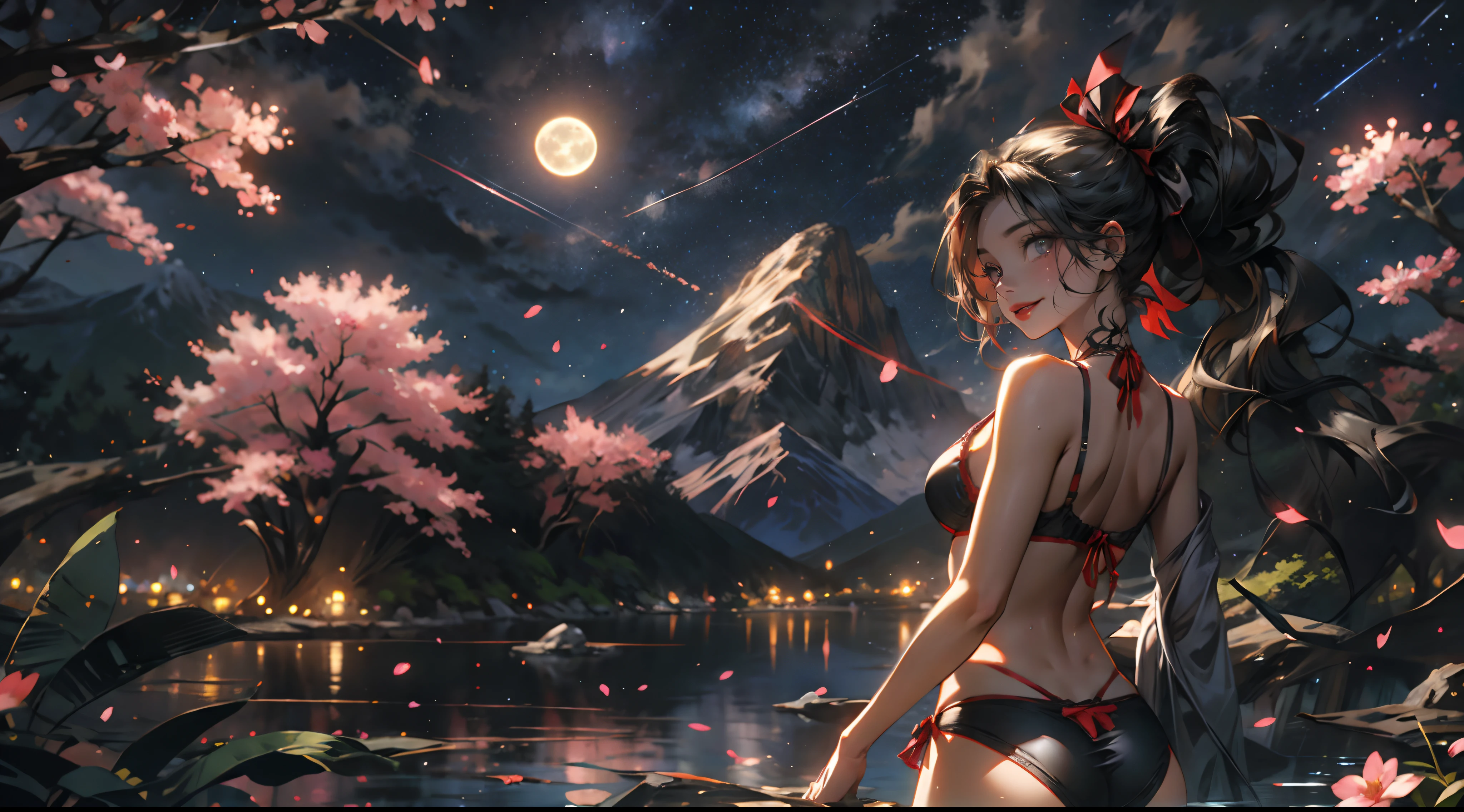 yaoyorozu momo, (black hair, ponytail, hair pulled back:1.4), moon, night, full_moon, petals, 1girl, cherry_blossoms, ass, long_hair, sky, solo, hair_ribbon, breasts, night_sky, purple_eyes, black_hair, looking_back, ribbon, back, from_behind, tree, looking_at_viewer, underwear, water, smile, outdoors, cloud, sideboob, bra, parted_lips, black_bikini, starry_sky, panties, bare_shoulders, bangs, red_ribbon, star_(sky), standing, black_bra, black_panties, very_long_hair, medium_breasts, flower, bare_arms, large_breasts, mountain